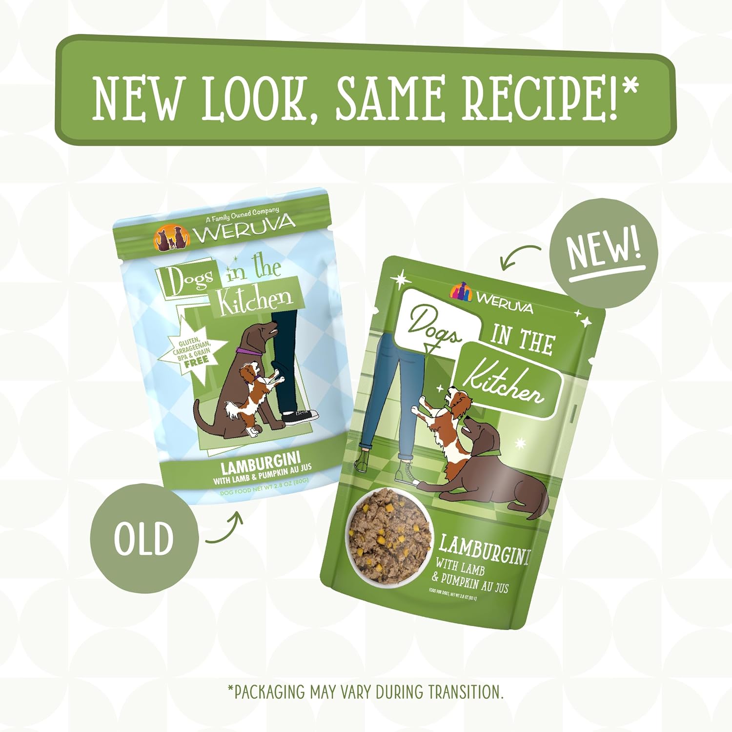 Weruva Dogs in The Kitchen Lamburgini dog food pouch with lamb and pumpkin au jus, 2.8oz, shown in green packaging.