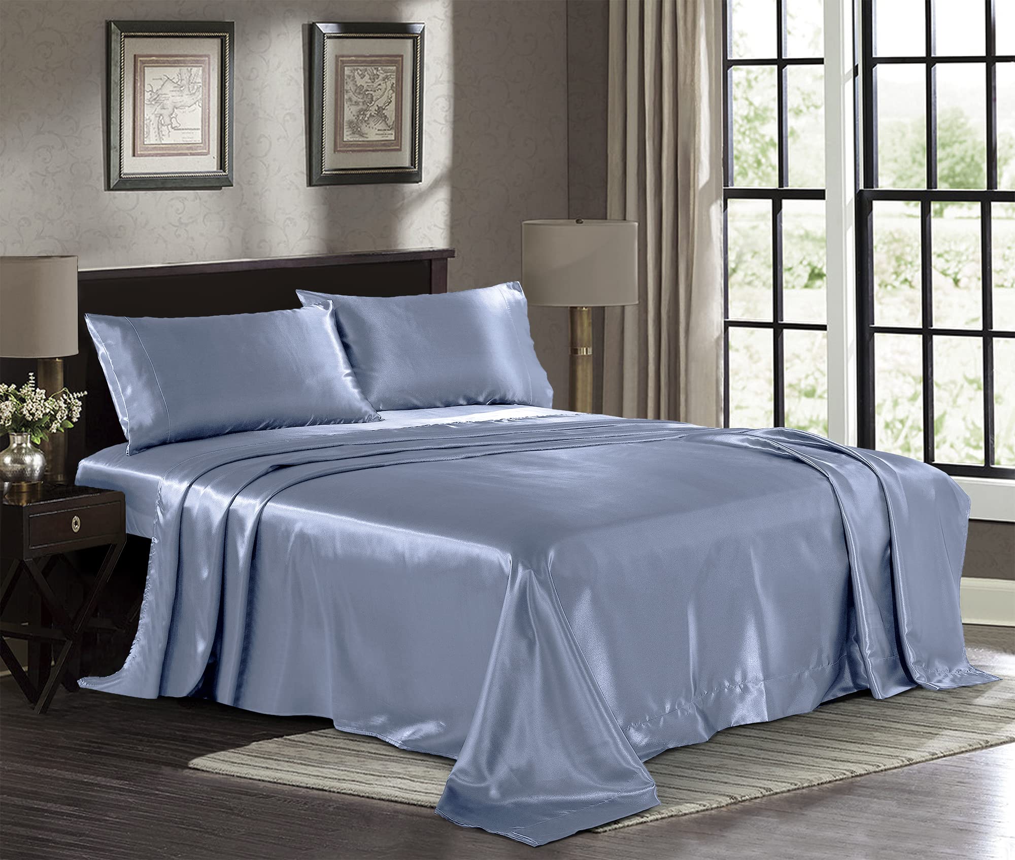 Satin Sheets Twin [3-Piece, Skyblue] Hotel Luxury Silky Bed - Product Imagery