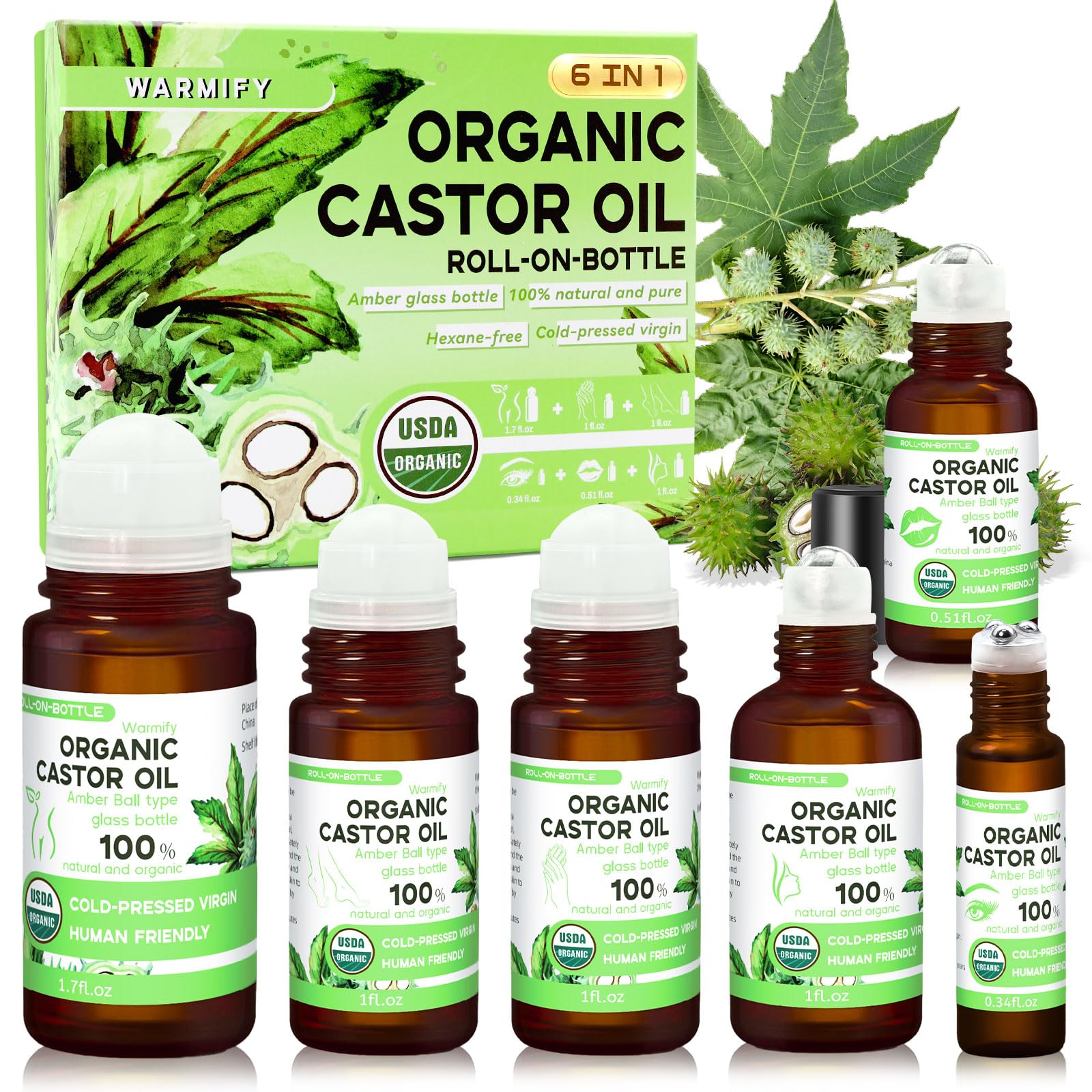 Warmify 6-in-1 castor oil roll-on set for face and body, skin moisturizer with multiple applicators and natural ingredients.