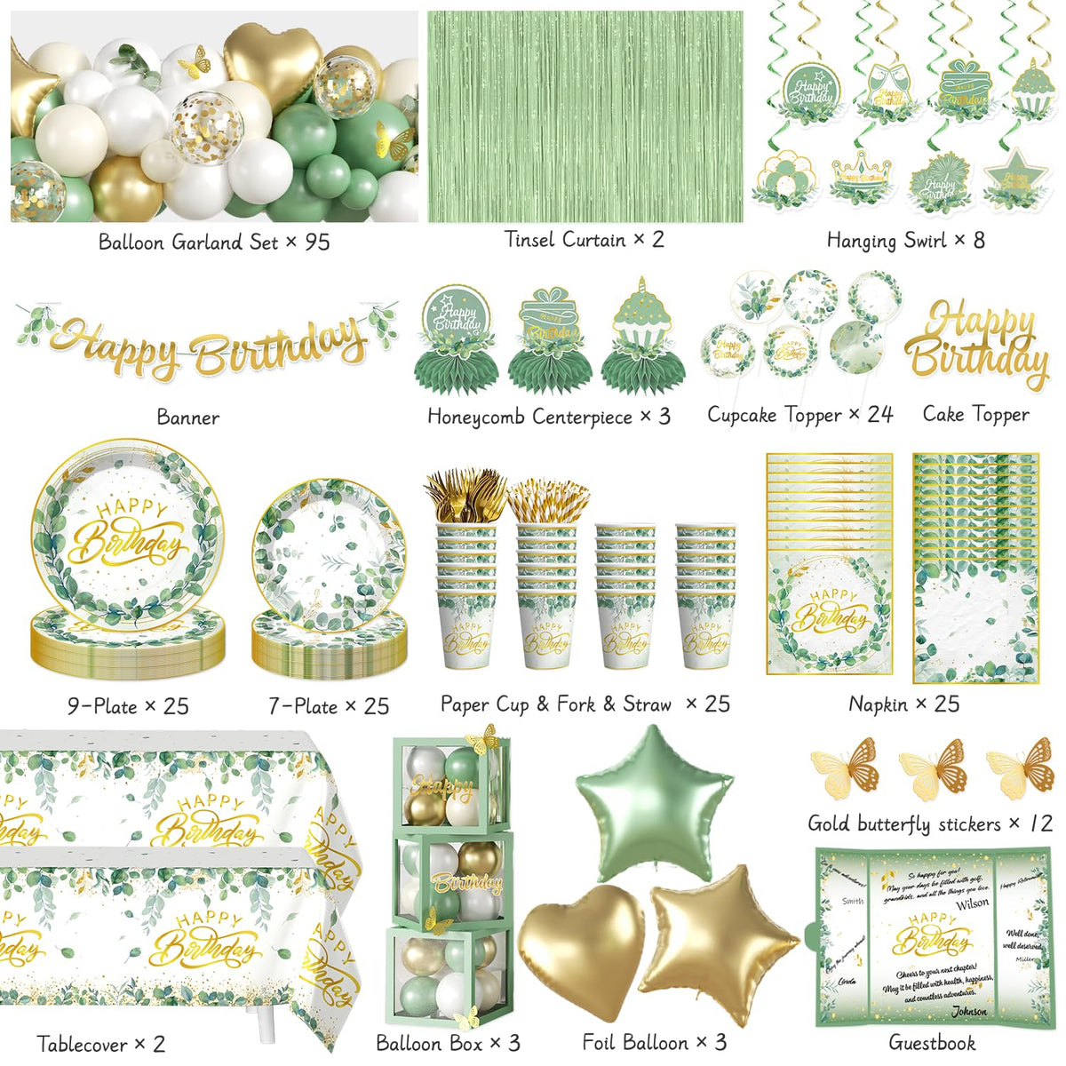 305pcs Sage Green Birthday Decorations Party Set for 25 - cocomigo Official Imagery - 3