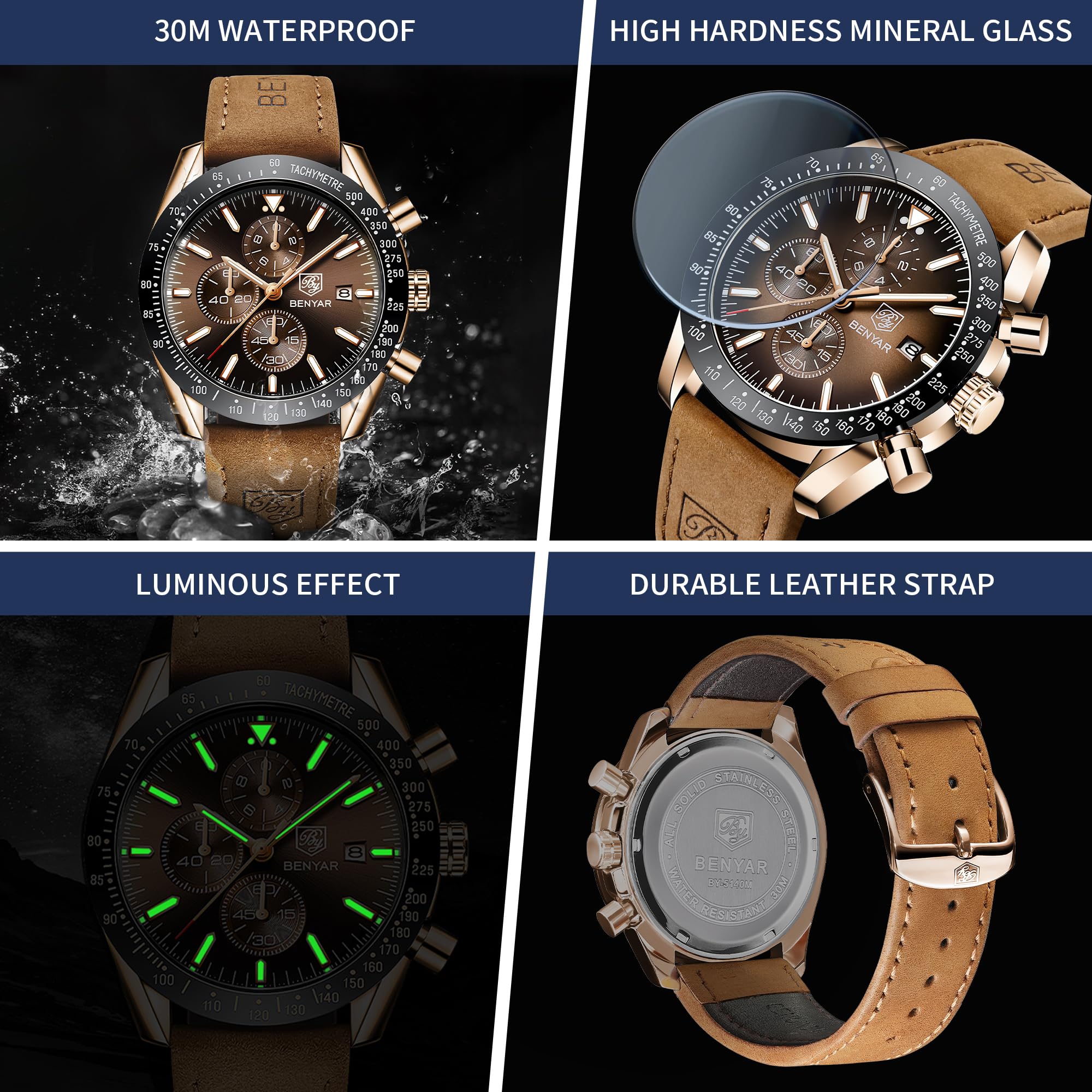 BENYAR Watch for Men Analog Quartz Chronograph Waterproof Luminous Des - View 5