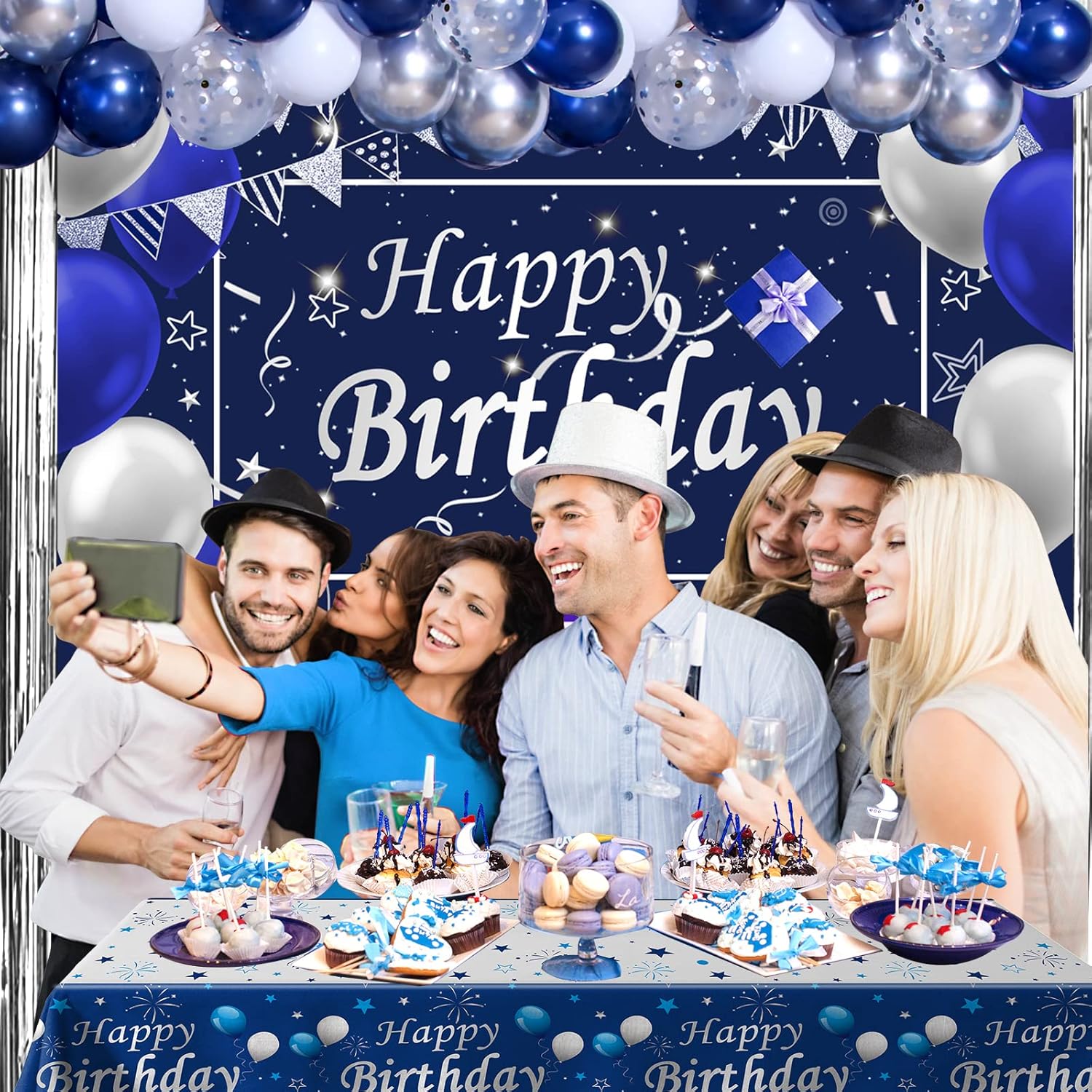 Blue birthday decorations for men and women, including banners and balloons, for men's birthday party by Puchod.