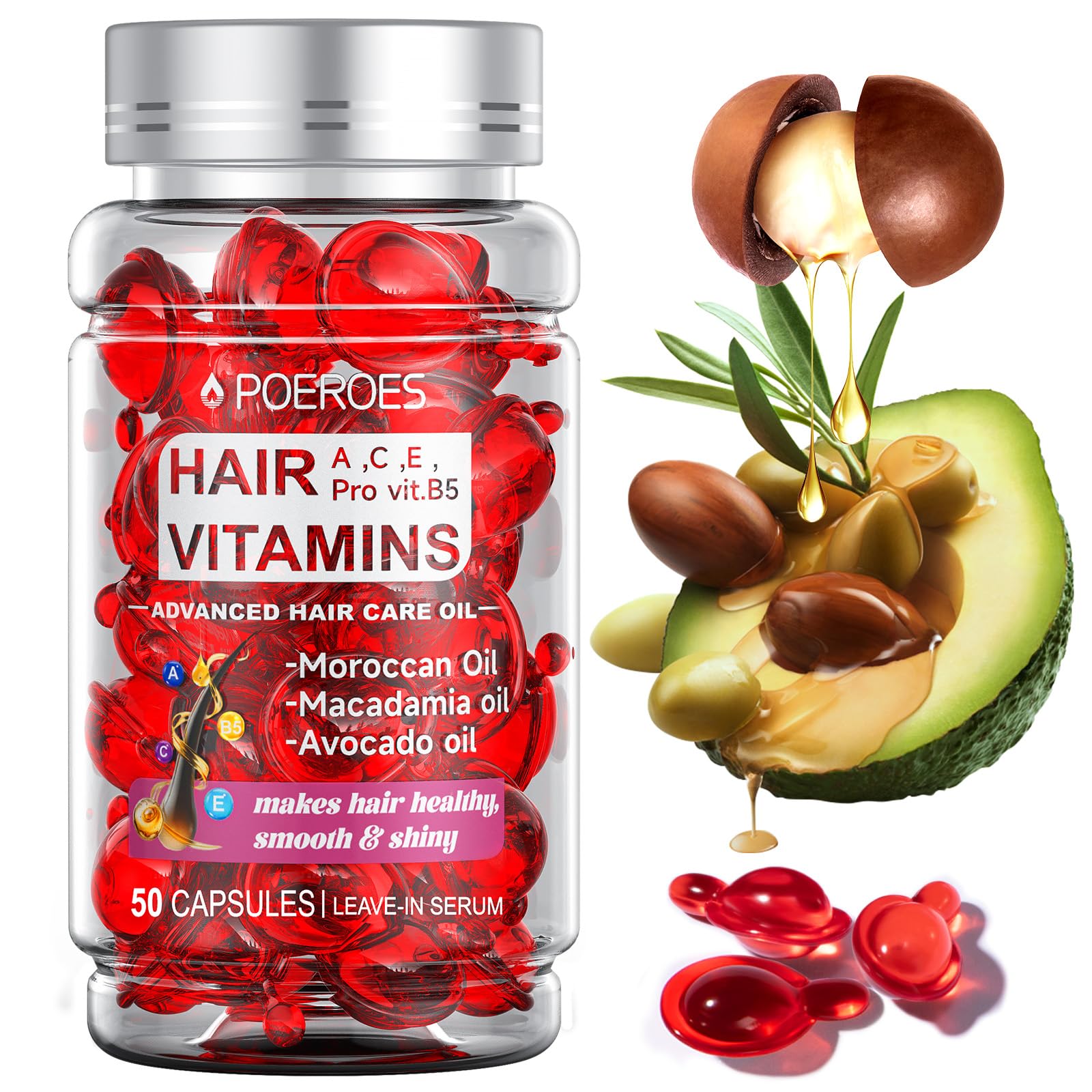 POEROES Hair Oil Hair Vitamins A C E Pro B5 Hair Treatment Serum 50 Capsules - POEROES Official Product View 2