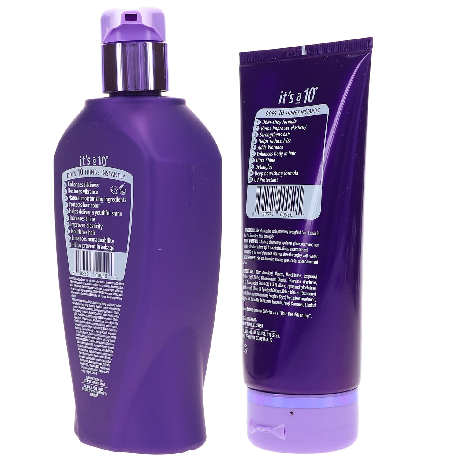 It's a 10 Haircare Silk Express Miracle Shampoo and Conditioner bottles, 10 oz and 5 oz, with sleek packaging and purple accents.