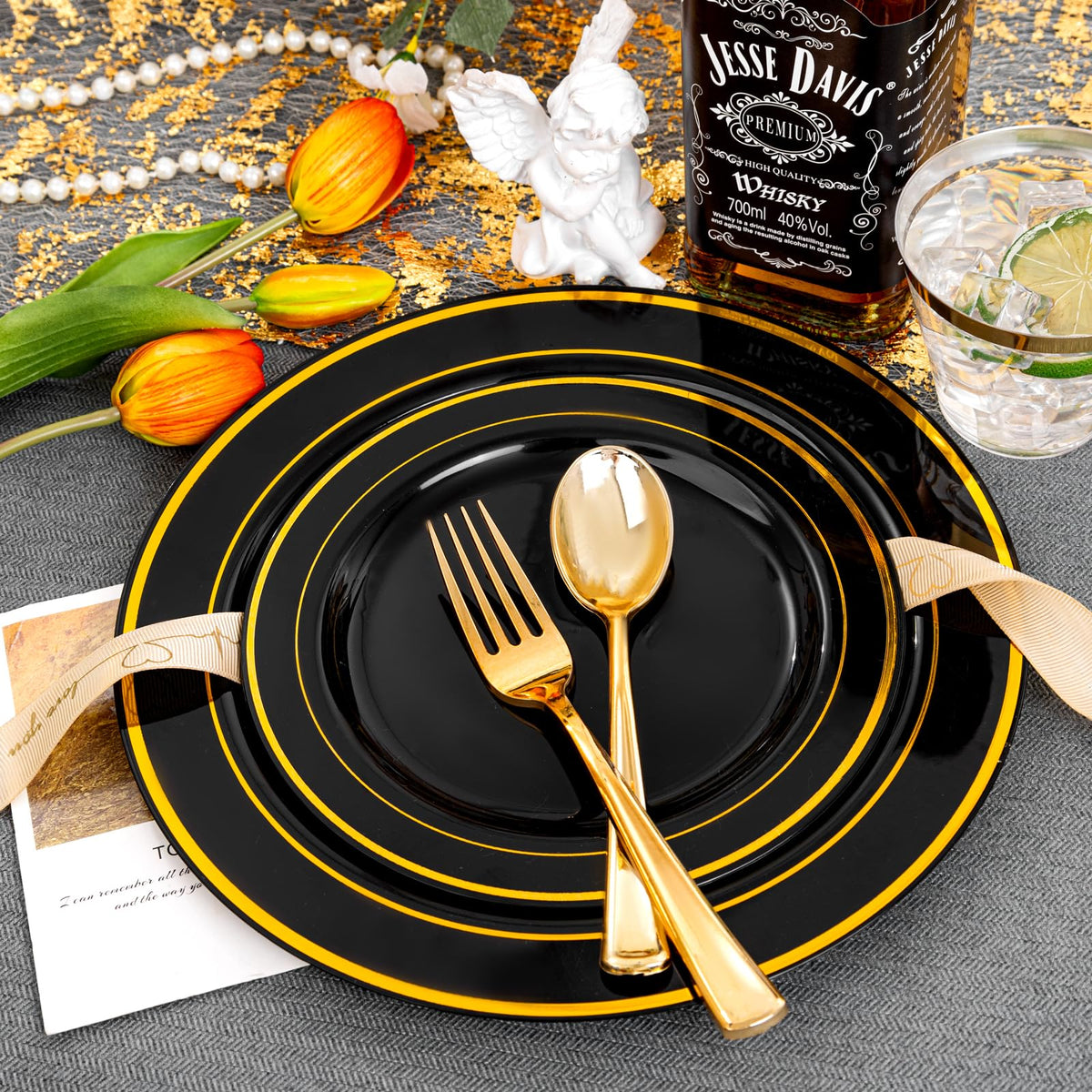 bUCLA 150 Pieces Black and Gold Disposable Dinnerware Set - bUCLA Official Imagery - 7
