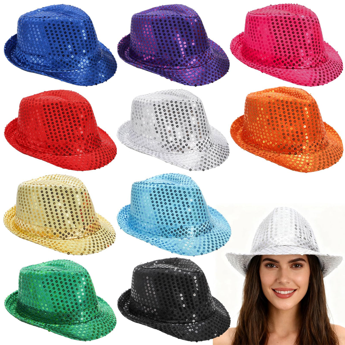 10 Pack Sequin Fedora Hats Glitter Western Disco Dance Hat - Pumtus Official Imagery - 1