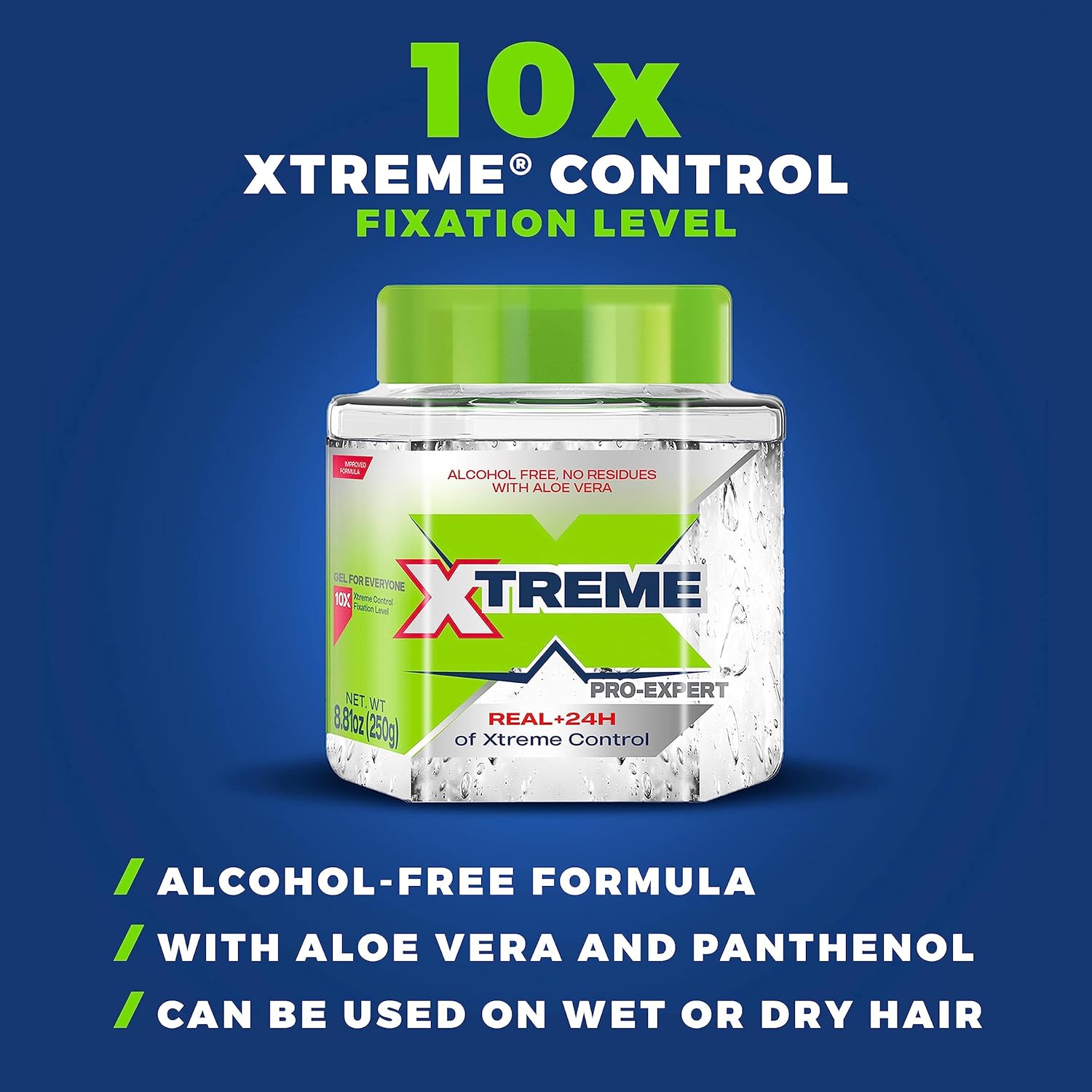 Xtreme Pro-Expert Clear Styling Hair Gel bottle with a smooth, transparent appearance, showcasing alcohol-free, 24-hour hold.