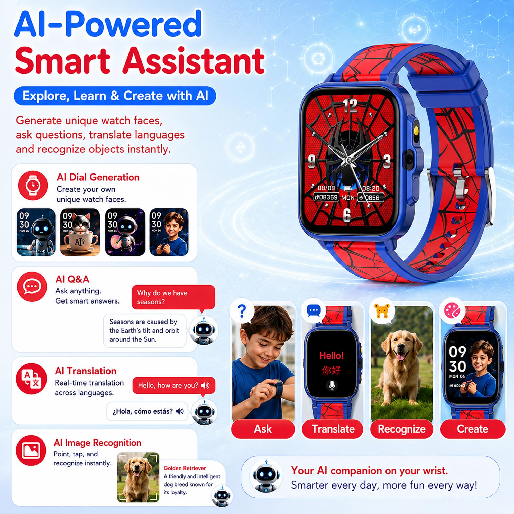 WZWNEER Smart Watch for Kids Boys Age 5-12, Ai Functions Games HD Touc - View 2