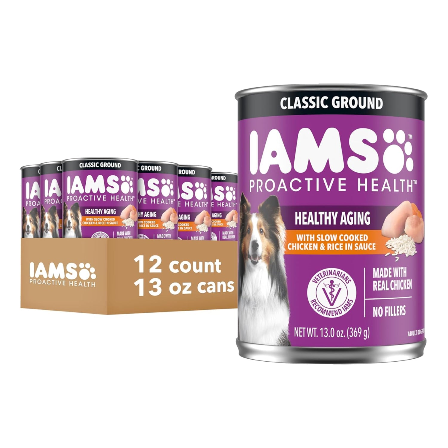 IAMS Proactive Health senior wet dog food in classic ground form, showing a bowl filled with moist dog food for adult senior dogs.