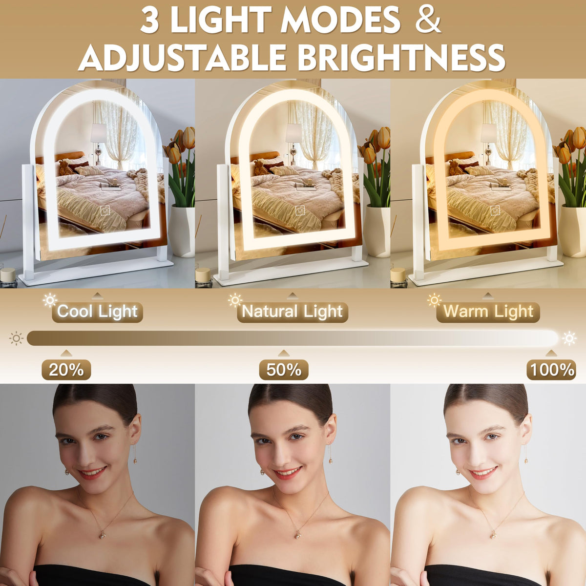 ROLOVE Lighted Makeup Mirror with 3 Color Dimmable Lighting - ROLOVE Official Imagery - 5