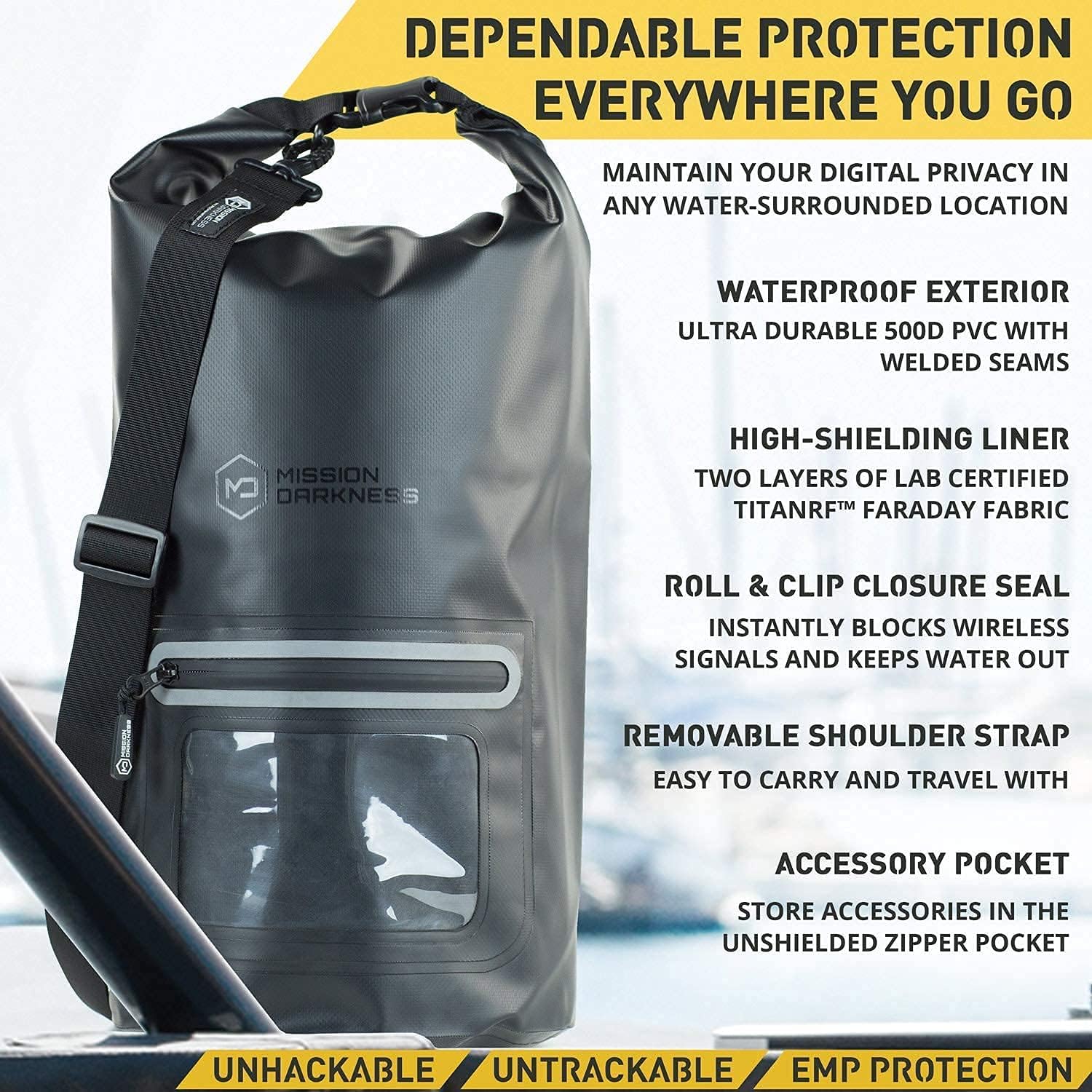 Mission Darkness Dry Shield Faraday tote 15L waterproof dry bag for electronics, featuring secure closure and durable material.