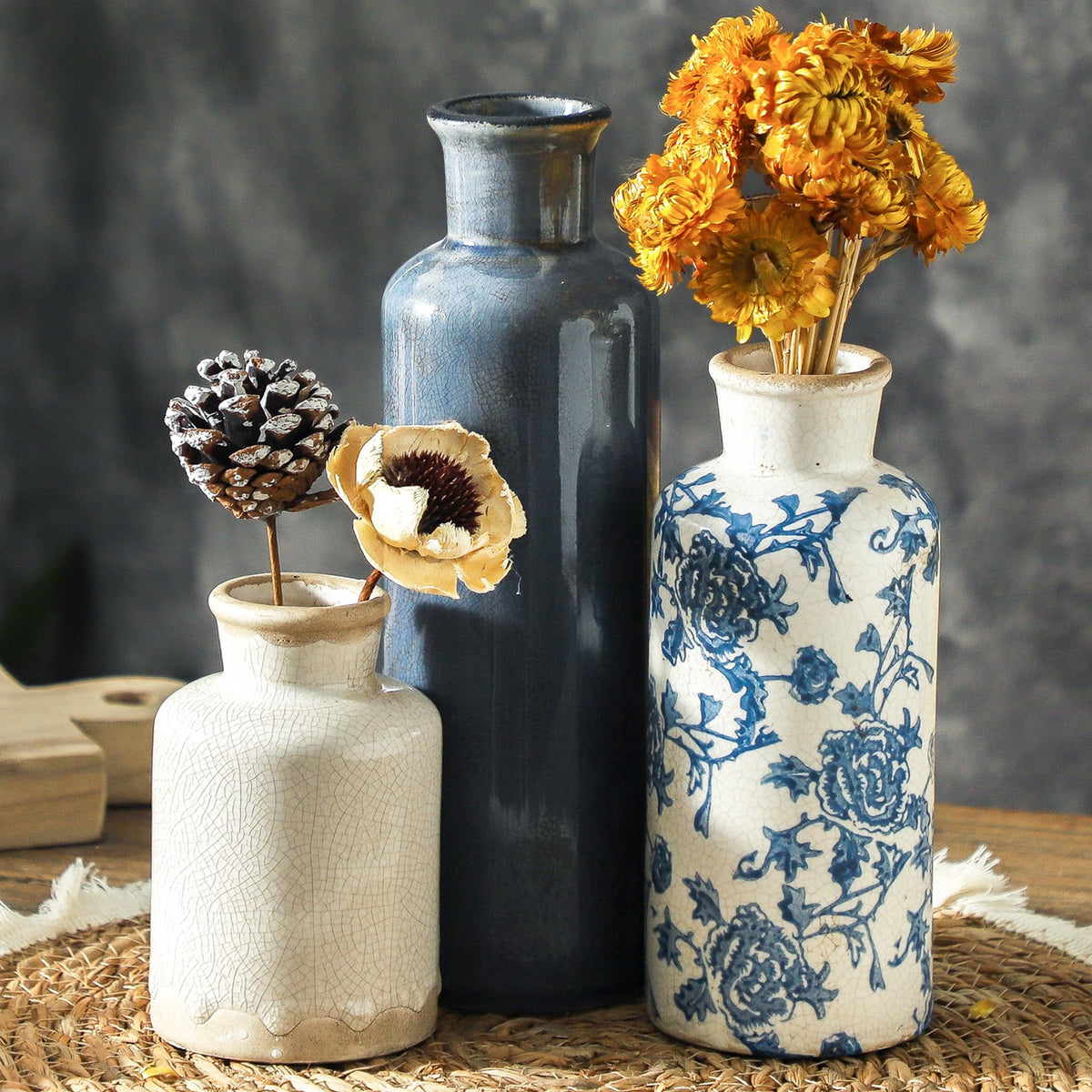 Ceramic Vintage Vases Set of 3 Blue and White Flower - ooit Official Imagery - 1