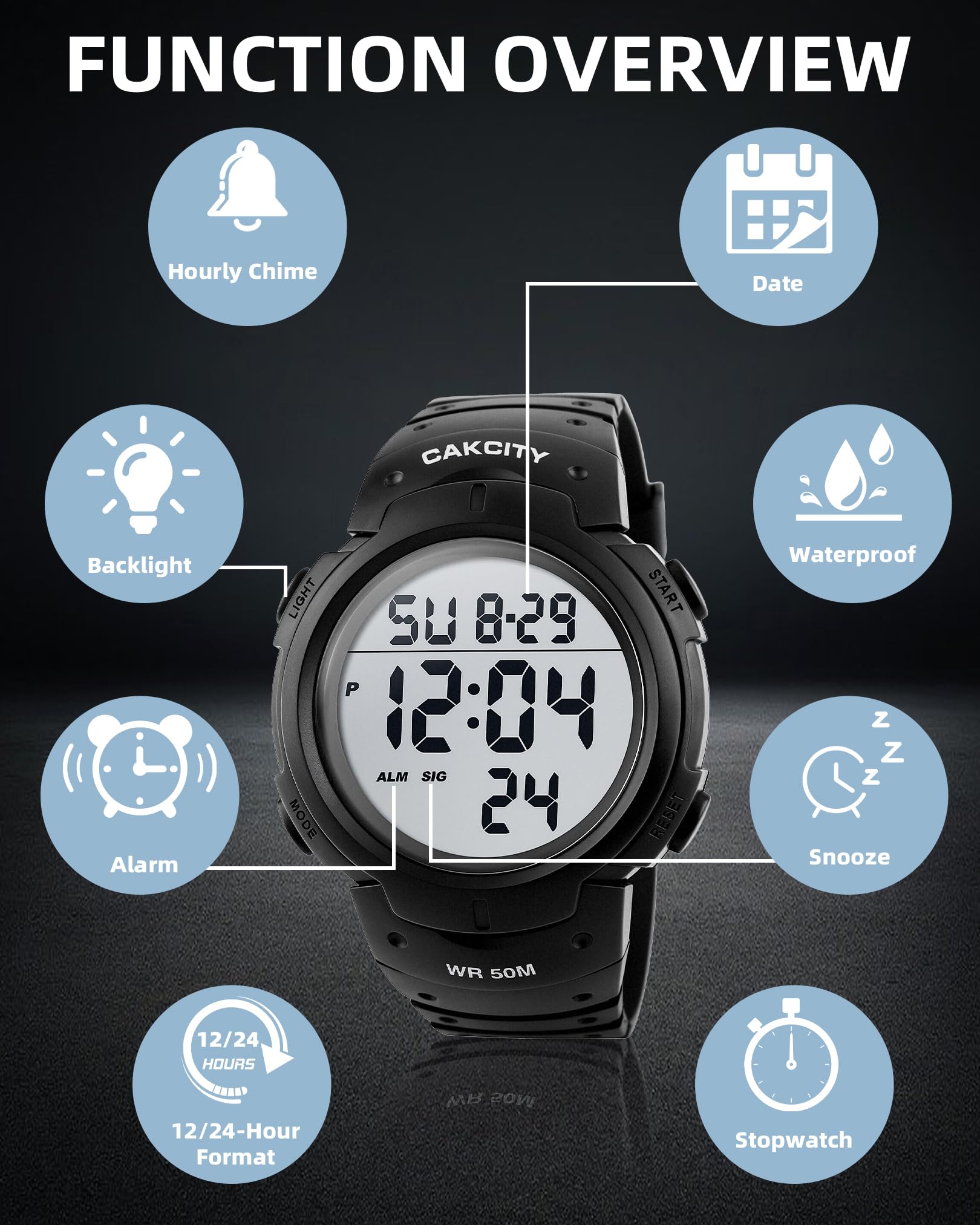 CakCity Digital Watch Mens, Waterproof Sport Wristwatch, Referee Stopw - View 6
