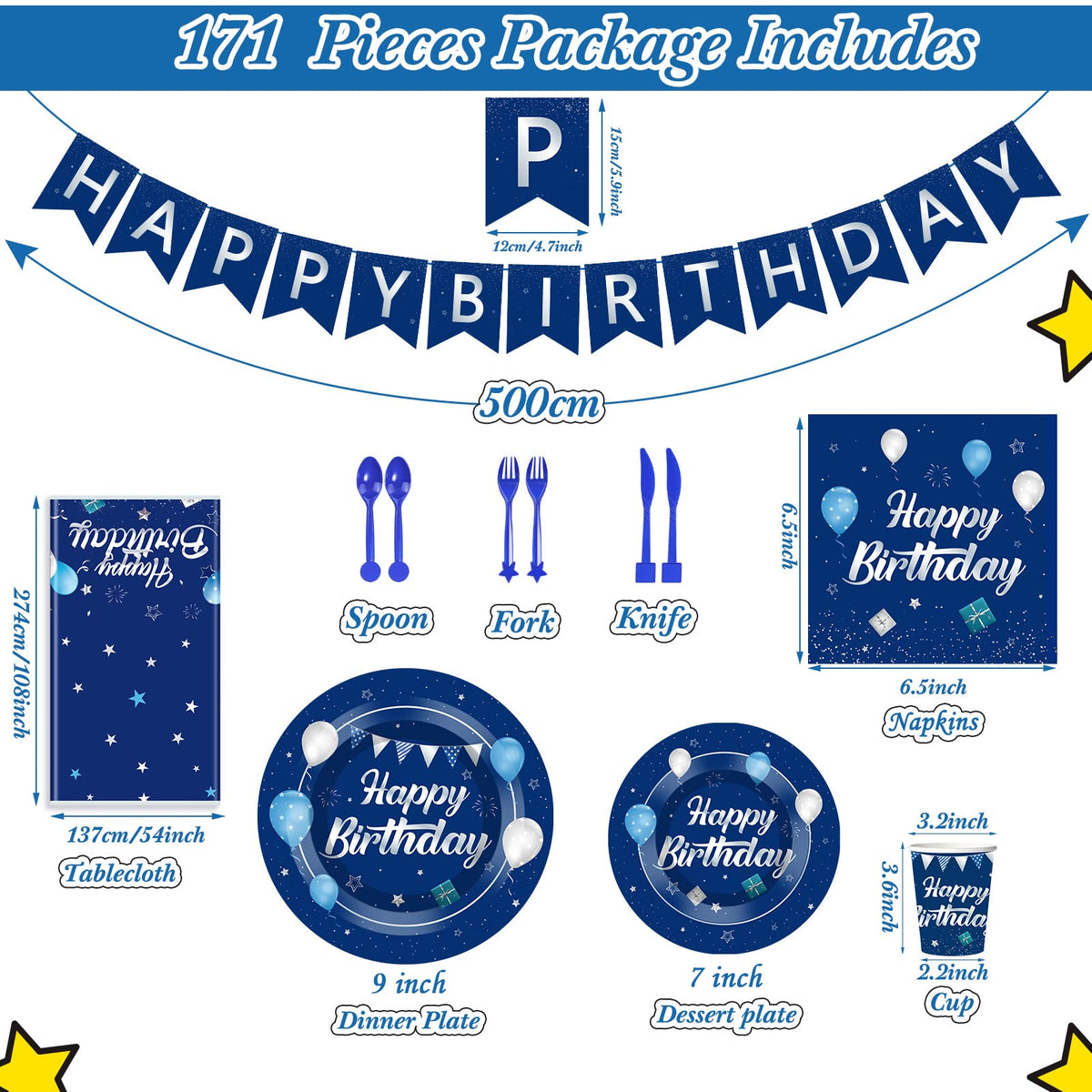 Blue and Silver Birthday Party Set Plates Napkins Cups for - Pajean Official Imagery - 4