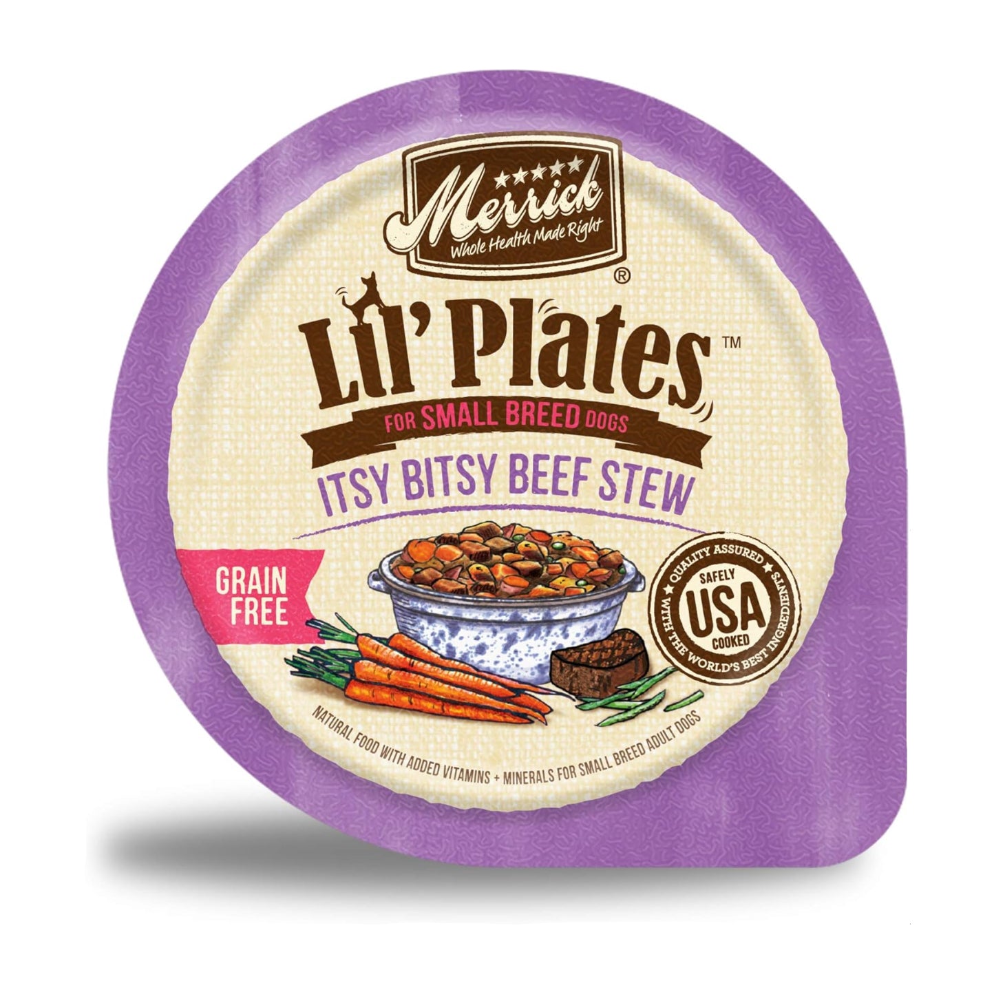 Merrick Lil’ Plates grain-free wet dog food tub for small dogs, Itsy Bitsy Beef Stew recipe with real beef, 3.5 oz.