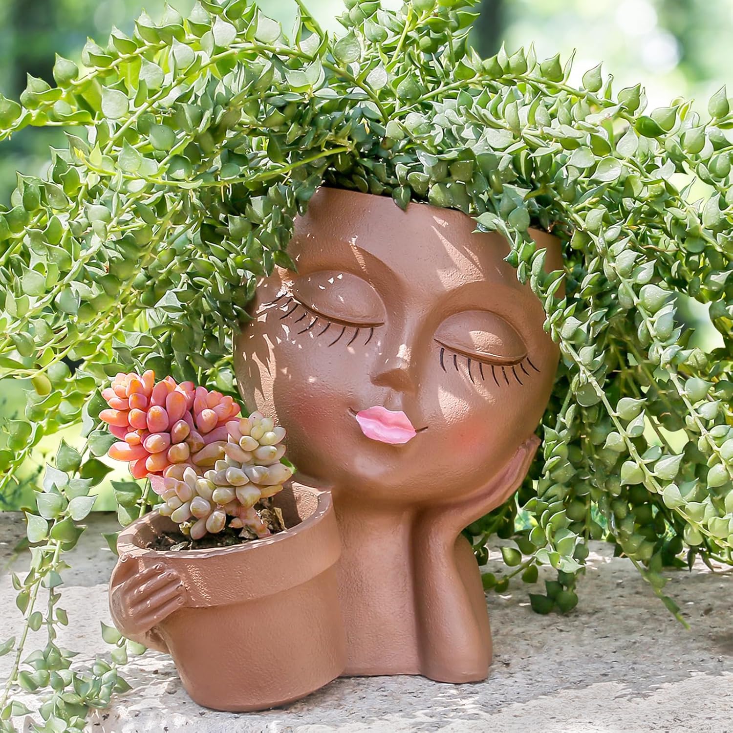Black lady face planter pot by vomiceak featuring a double head design, perfect for indoor and outdoor plant display.