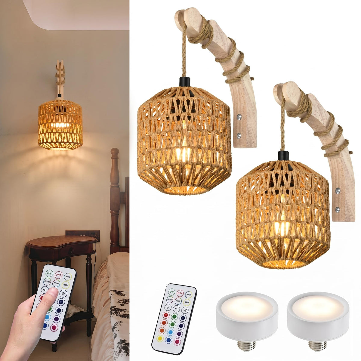 Boho Woven Rattan Cordless Wall Sconce Set of Two Natural - NOVCAND Official Imagery - 1