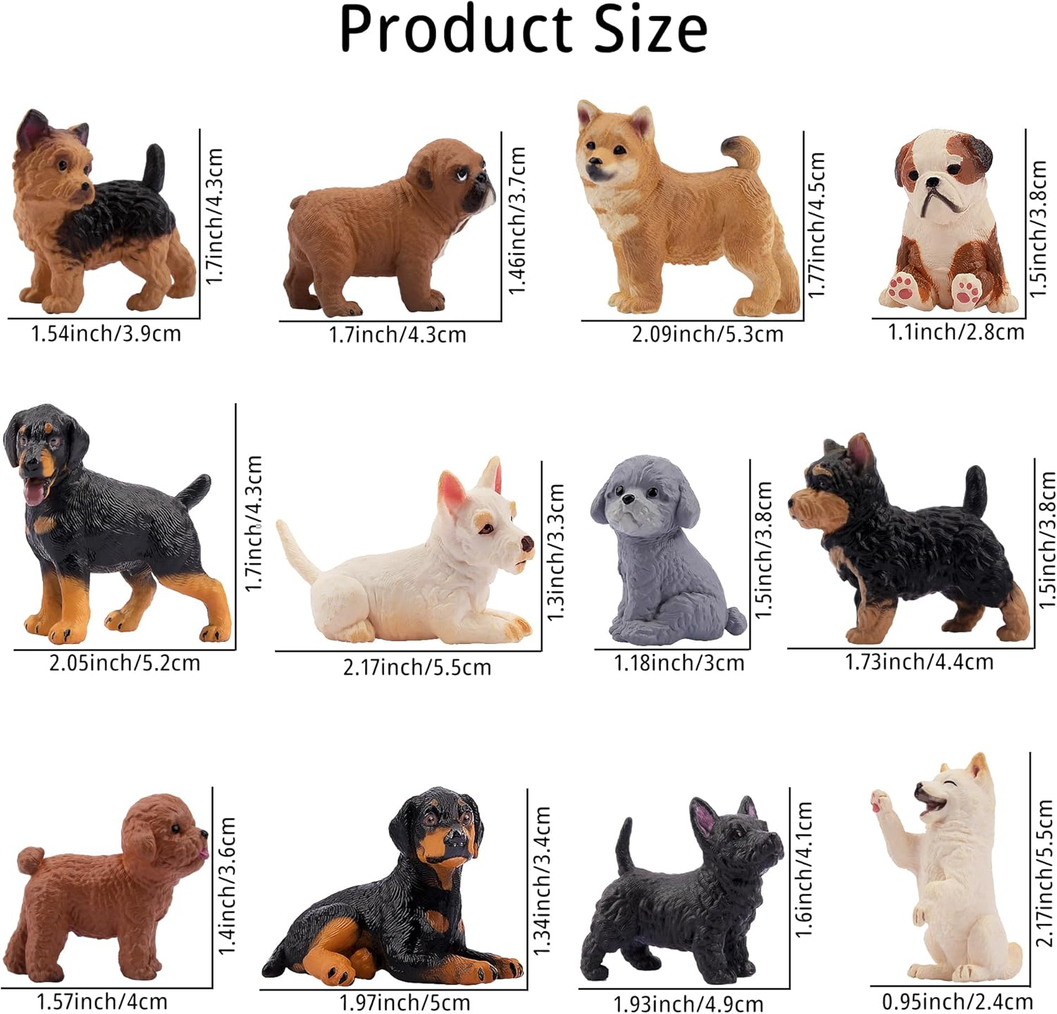 Set of 12 realistic plastic dog figurines by EYSCOTA, hand-painted puppy sculptures for decorative display.