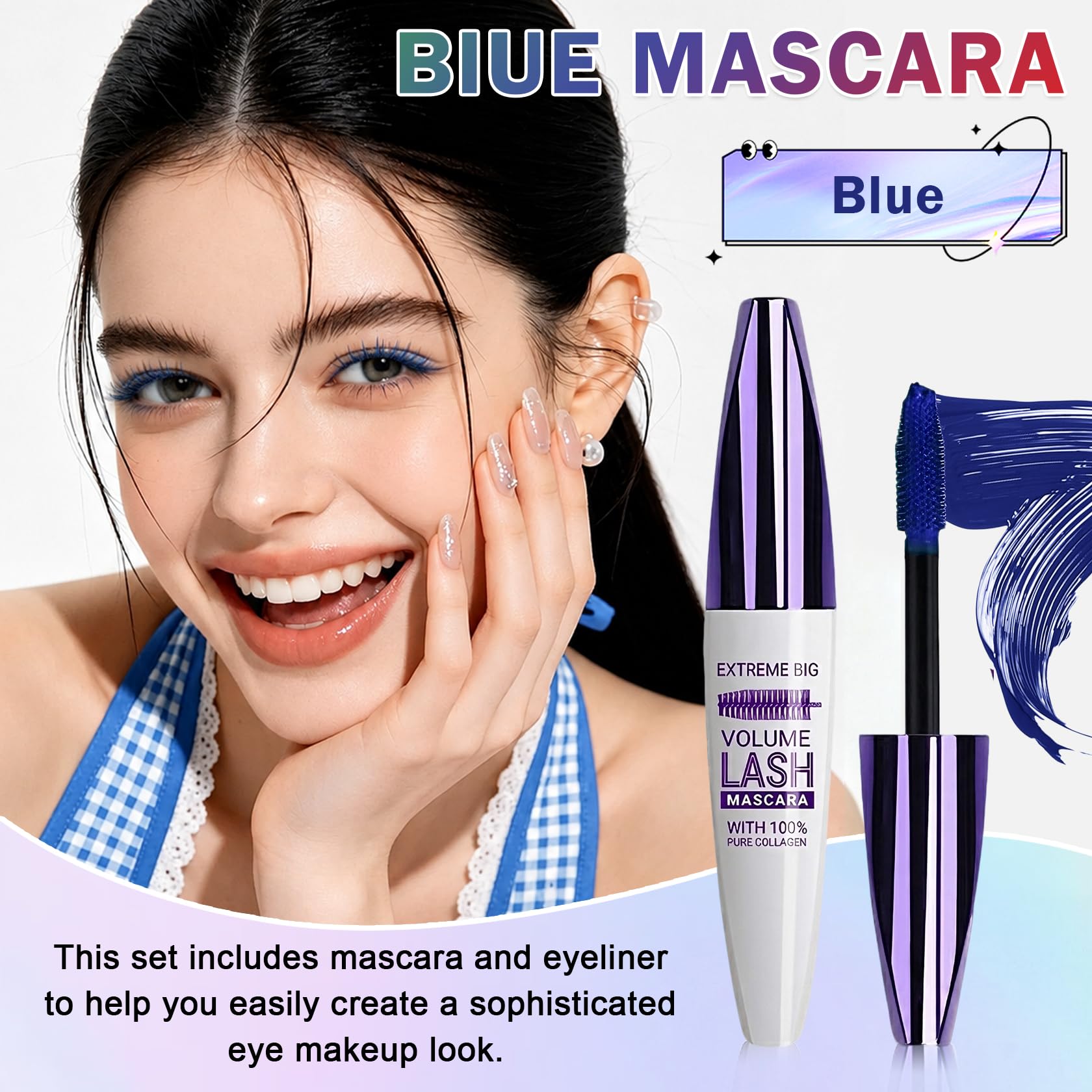 Blue waterproof mascara by Rosawee with 5D volume and length, shown in the image.