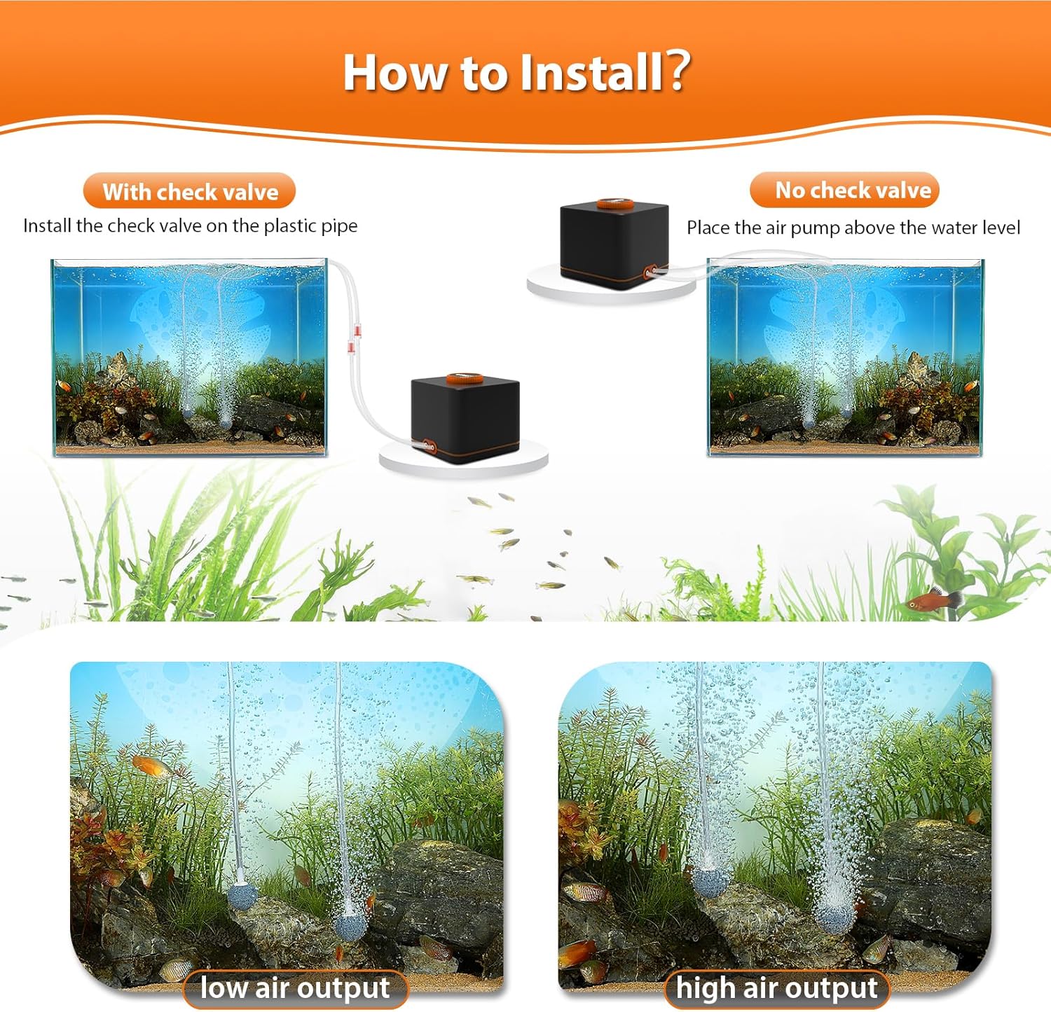 hygger strong aquarium air pump for medium large fish tanks and hydroponic systems, with dual outlet ports and compact design