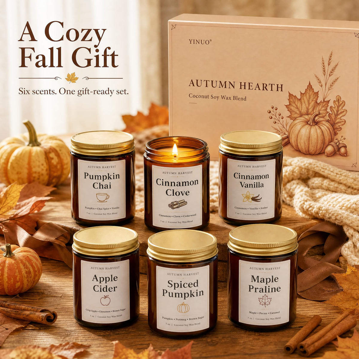 Fall Scented Candle Set of 6 7 oz Soy Candles for Home - YINUO LIGHT Official Imagery - 8