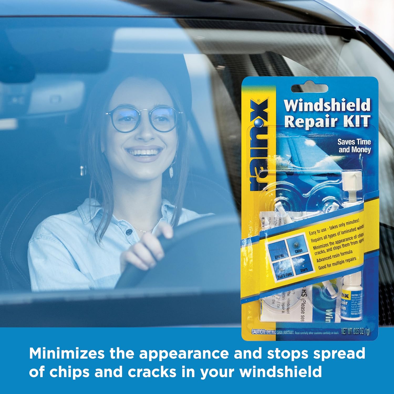 Rain-X windshield repair kit with durable resin, including tools and materials for quick fixes on car windshields.