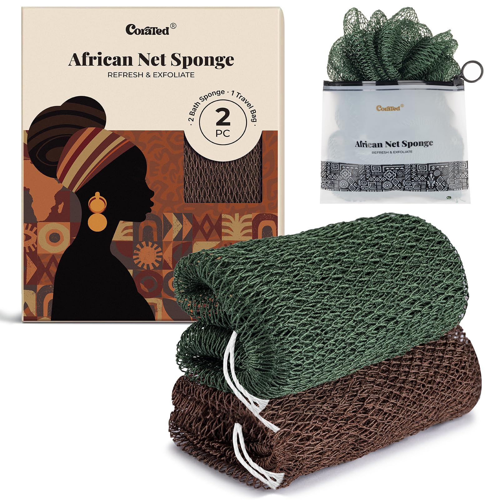 CORATED African Net Sponge Authentic, Shower Loofah Exfoliatin... - Product Imagery