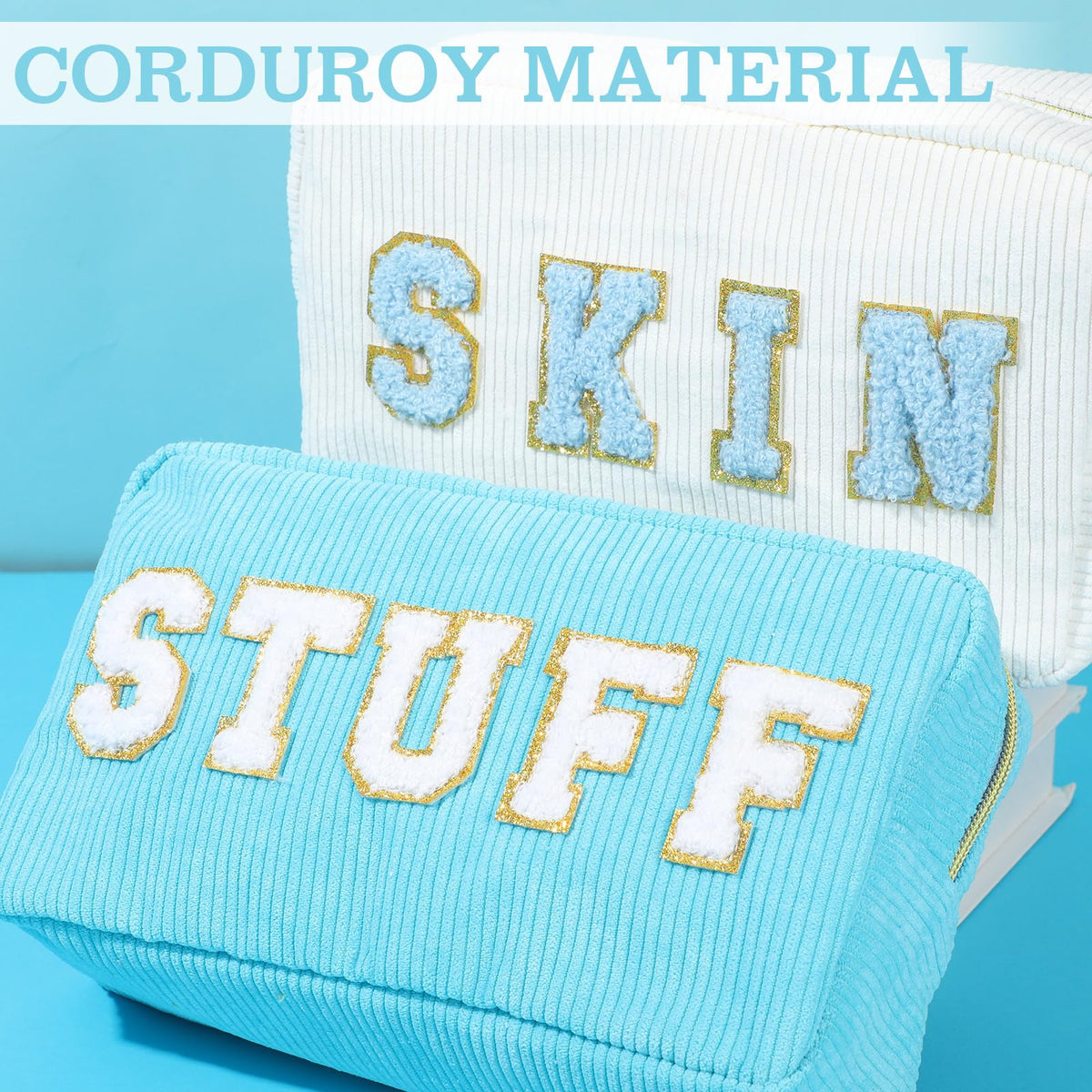 4 Preppy Chenille Letter Makeup Bags Blue Series Colors - Pinkunn Official Imagery - 5