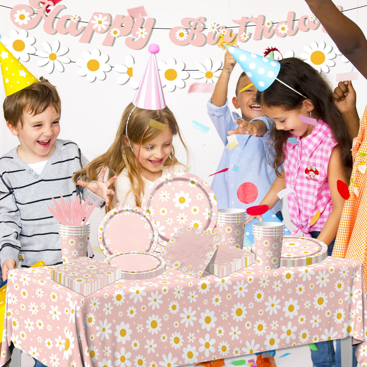 142PCS Daisy Birthday Party Tableware Set Pink Groovy Daisy - Bezkega Official Imagery - 4