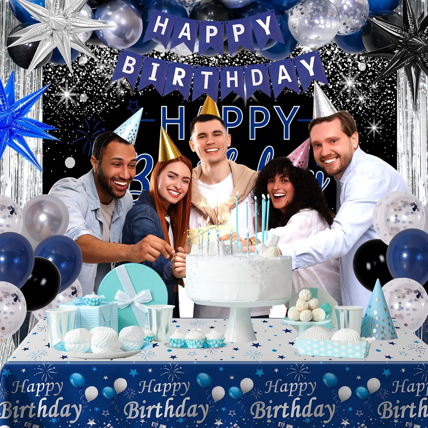 Blue and black birthday decorations for men and women featuring "Happy Birthday" banners and themed party supplies by Puchod.