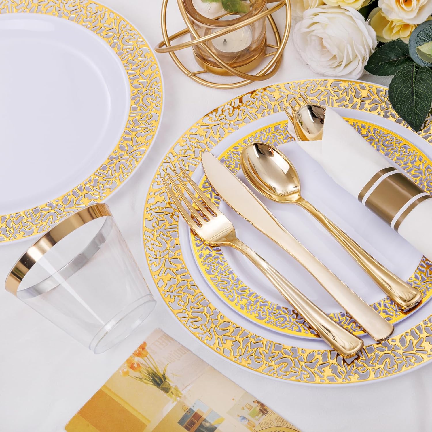 WELLIFE 175-piece gold dinnerware set featuring 25 dinner plates and 25 dessert plates, elegant gold design for dining occasions