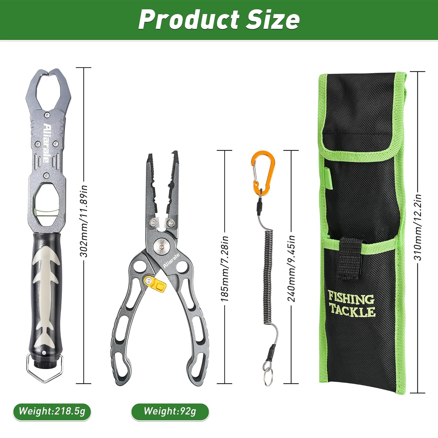 Aliarale fishing pliers with fish lip gripper and scale, saltwater resistant fishing tools kit for anglers.