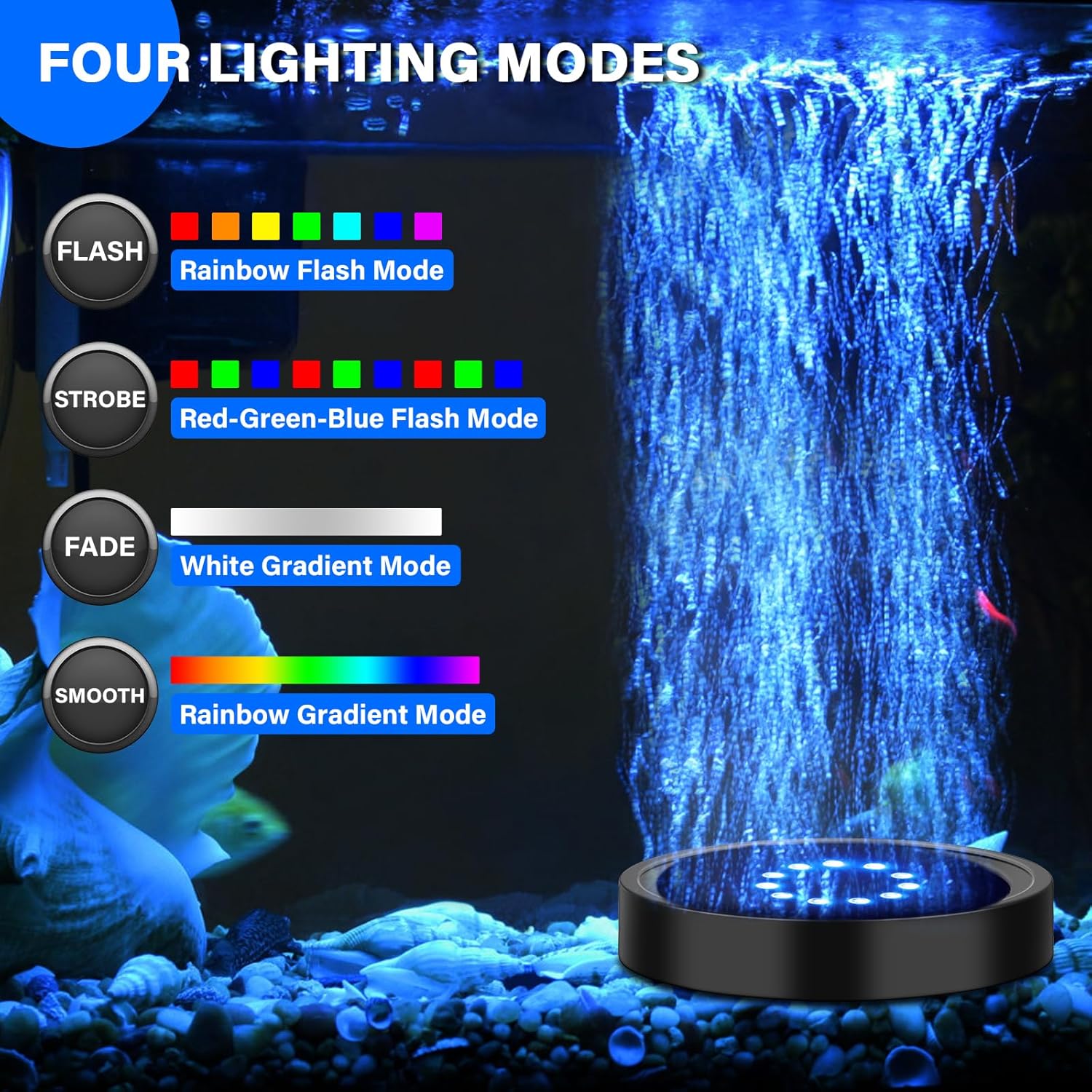 Fishkeeper LED fish tank bubbler stone disk creating colorful air bubbles in an aquarium, enhancing aquatic environment and visual appeal.