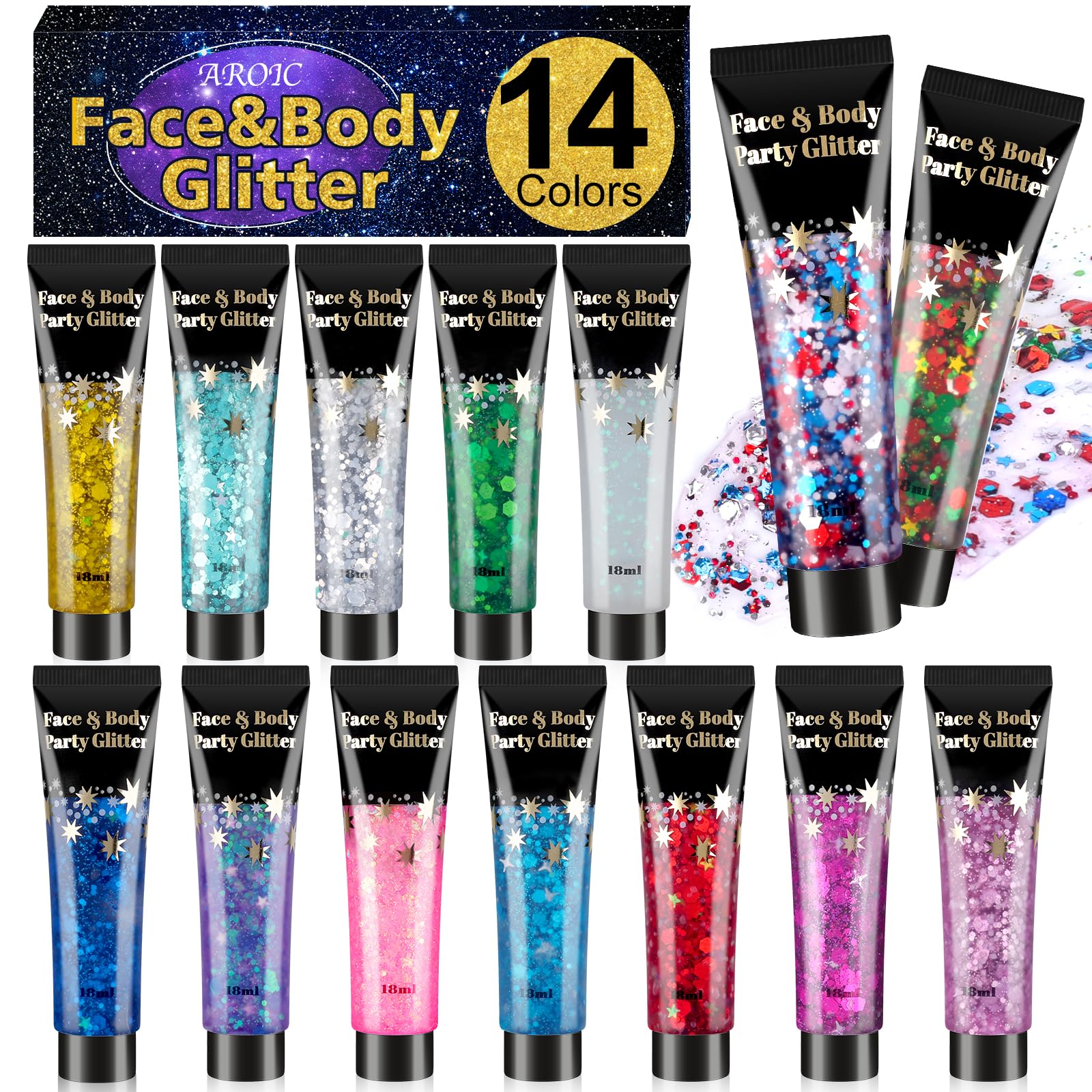 AROIC 14 Colors Body Glitter, Mermaid Fairy Hair Glitter Gel for - Product Imagery