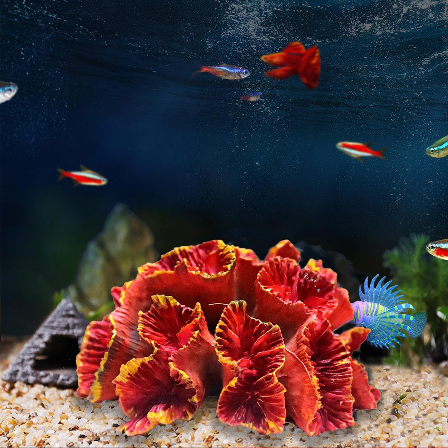 Red coral ornament for aquarium by Besimple, decorative fish tank plant decor for aquatic landscape.