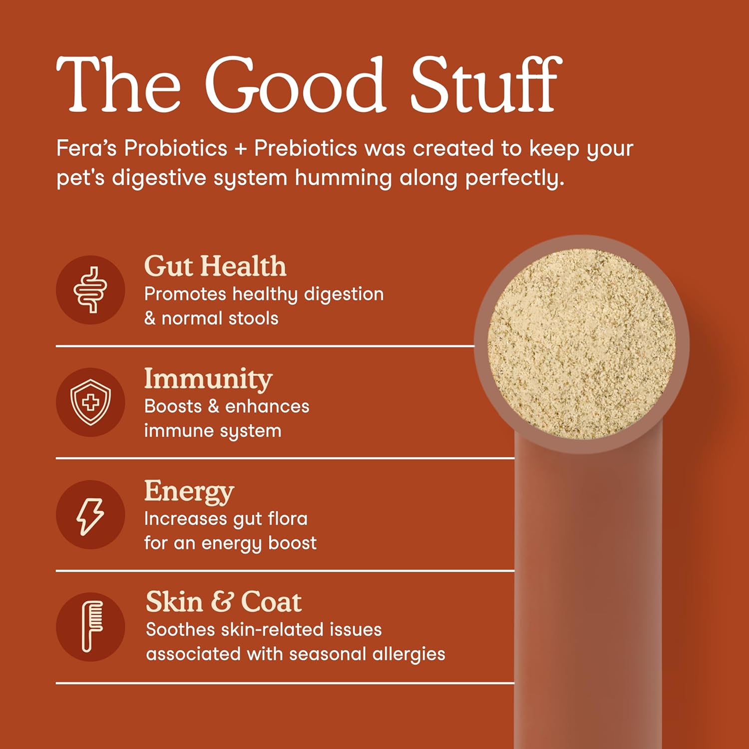 Fera Pets USDA Organic probiotics for dogs and cats with prebiotics, promoting healthy energy, skin, and coat, shown in the image.