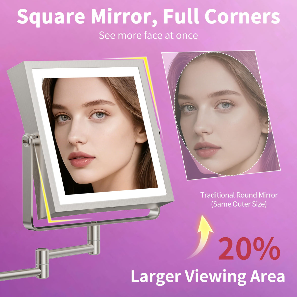 Wall Mounted Lighted Makeup Mirror 1X 10X Square Brushed - MIROAMZ Official Imagery - 4