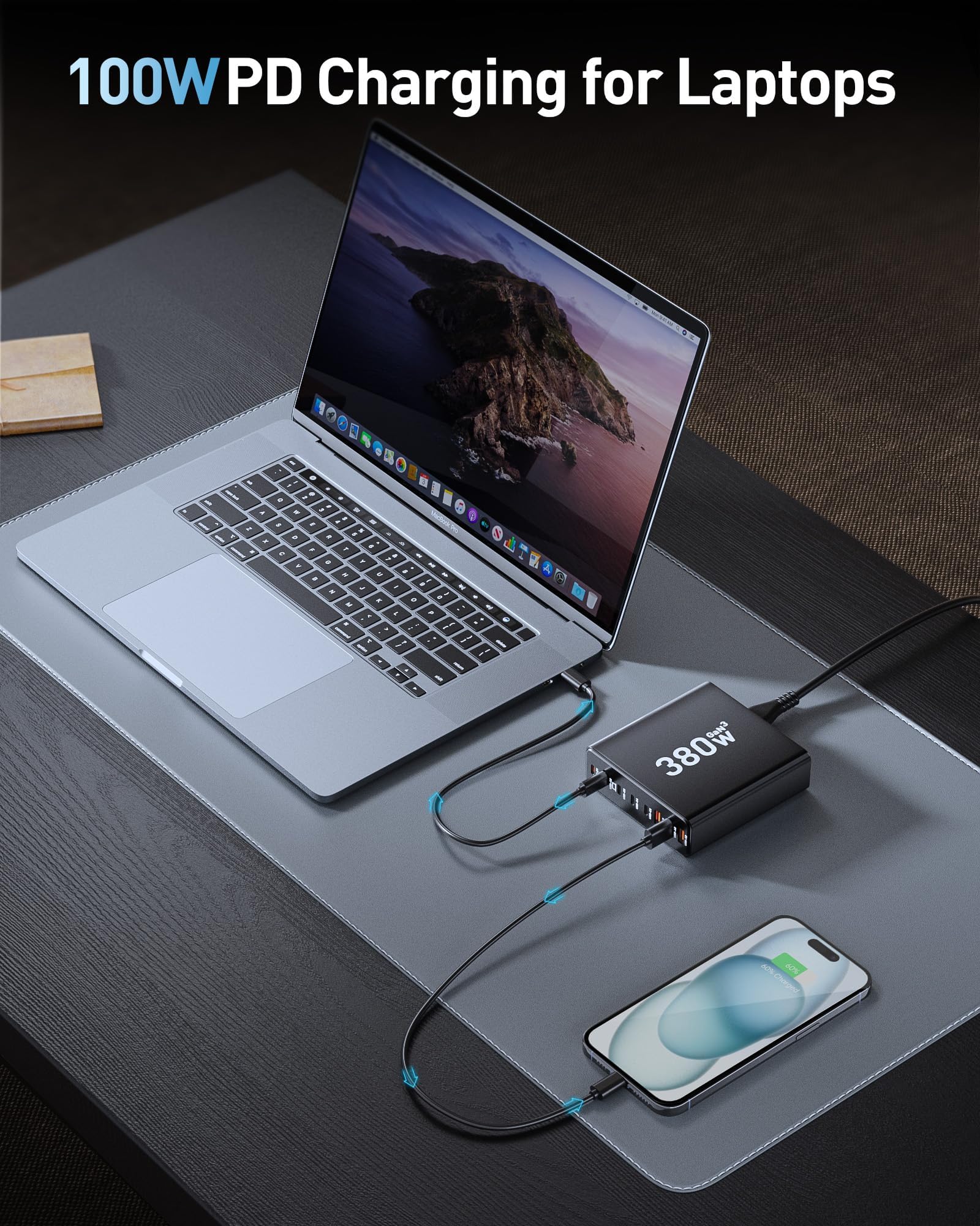 Ediliow 380W USB C Charger Block with 4 USB Cables Dual 100W Char by Ediliow - Angle View 3
