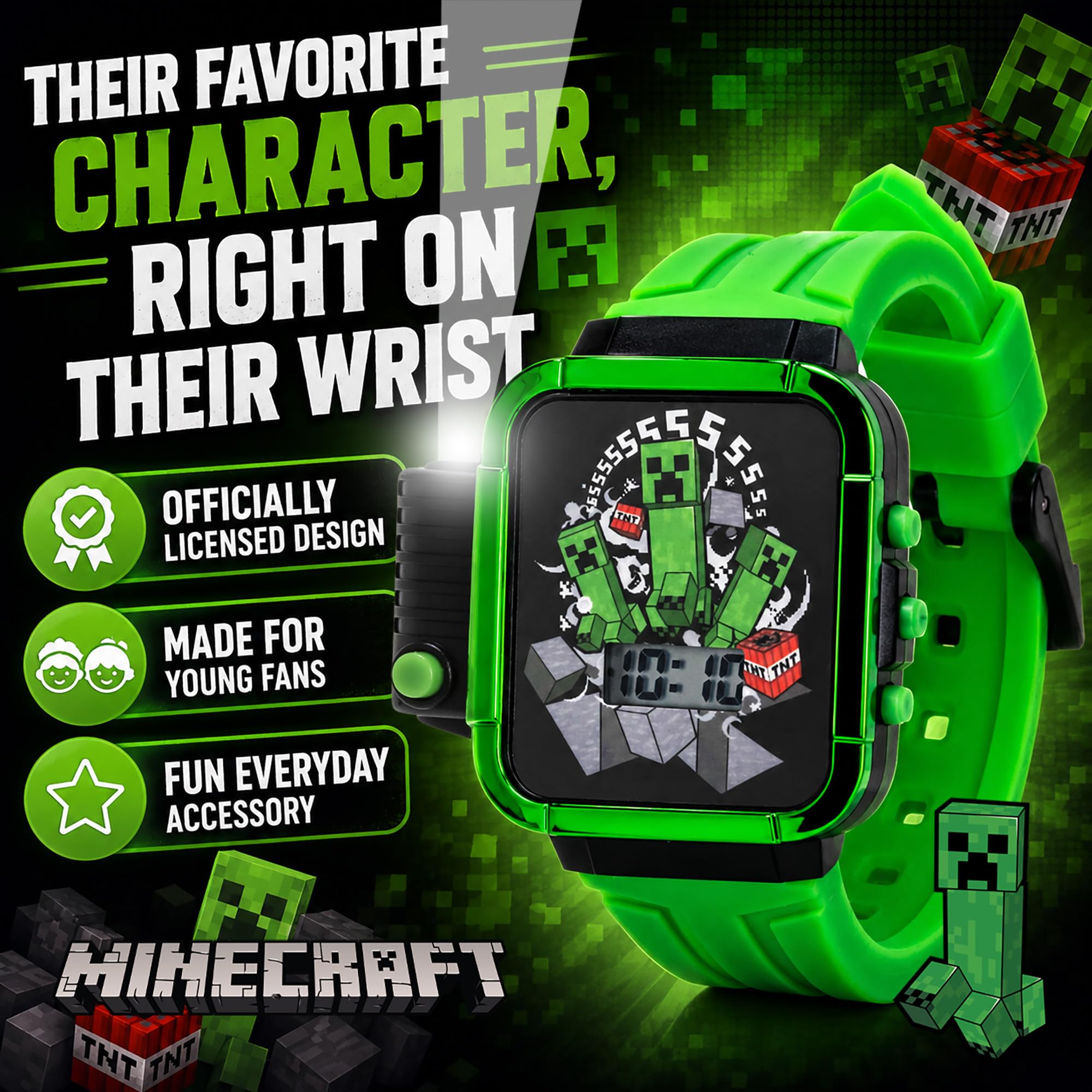 Accutime Minecraft Kids LCD Flashlight Watch with Creeper Graphic – Di - View 2
