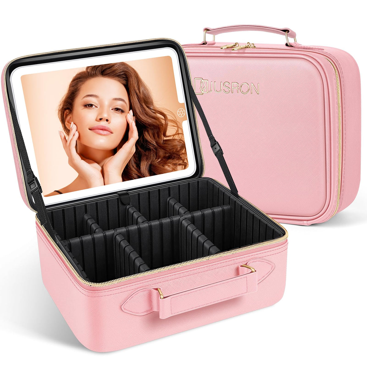 JUSRON Travel Makeup Bag With LED Mirror Train Case with - JUSRON Official Imagery - 2