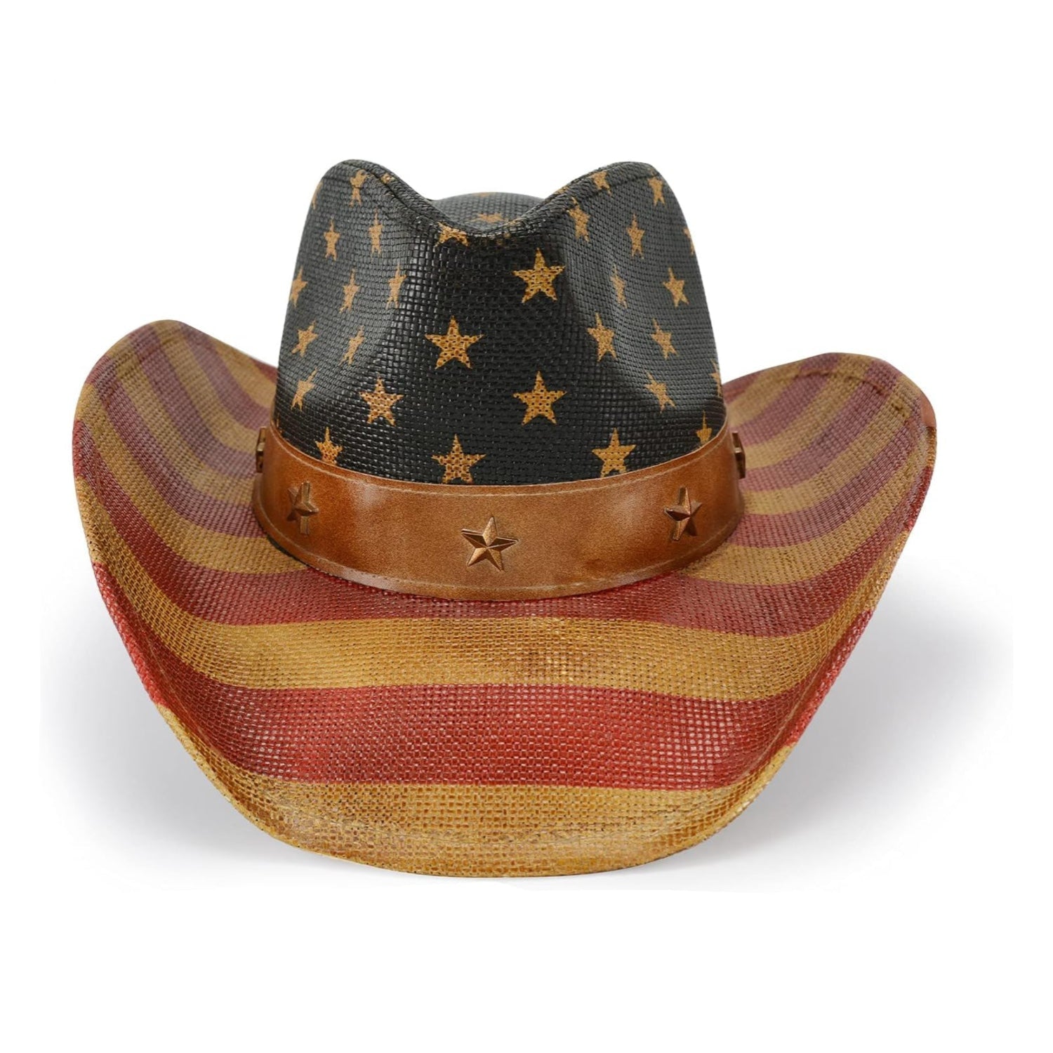 Vintage USA American flag cowboy hat with tea stain finish, shapable brim, Western cowgirl style by FLUFFY SENSE.