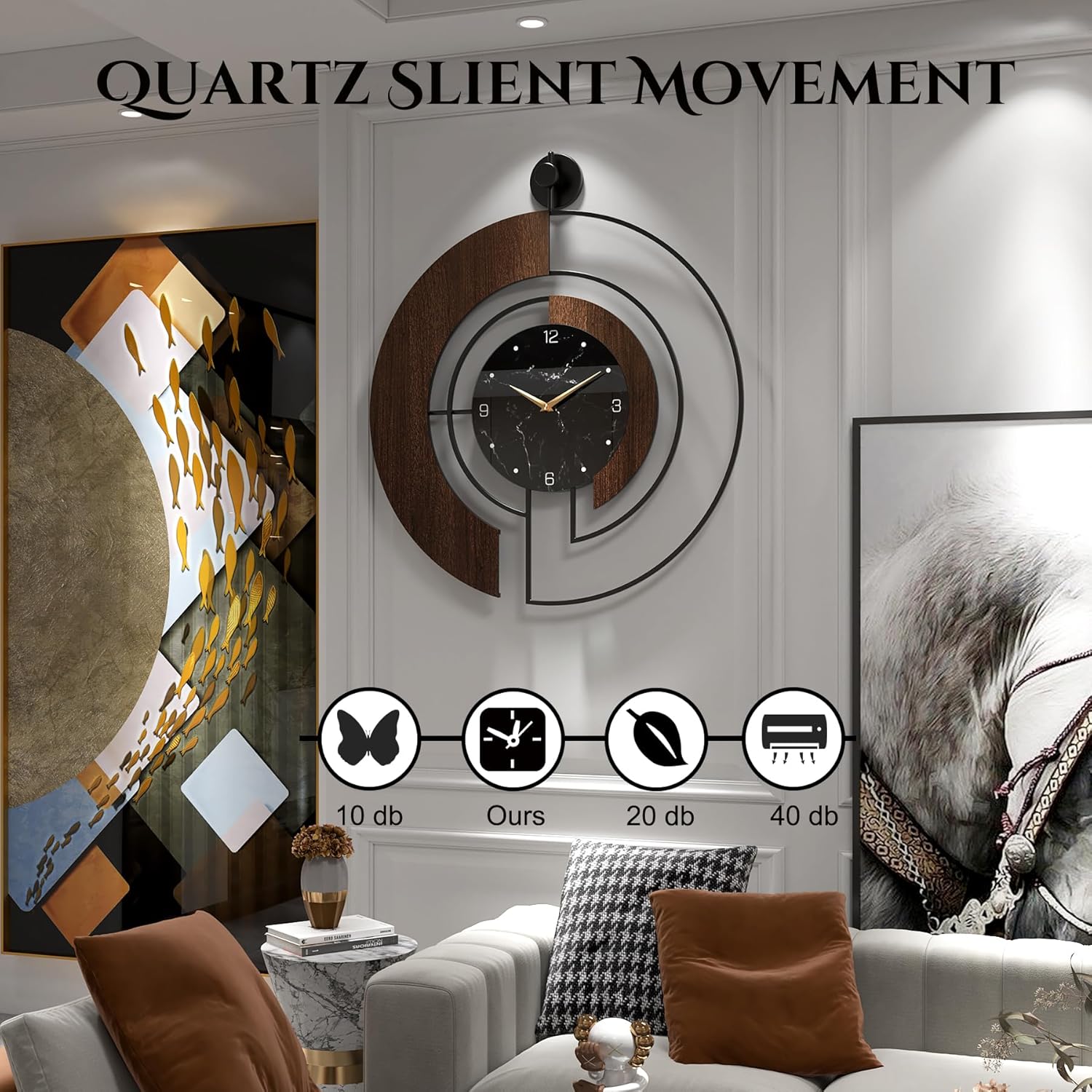 Modern walnut wall clock with marble dial and large wood metal frame, featuring a silent movement for quiet operation.