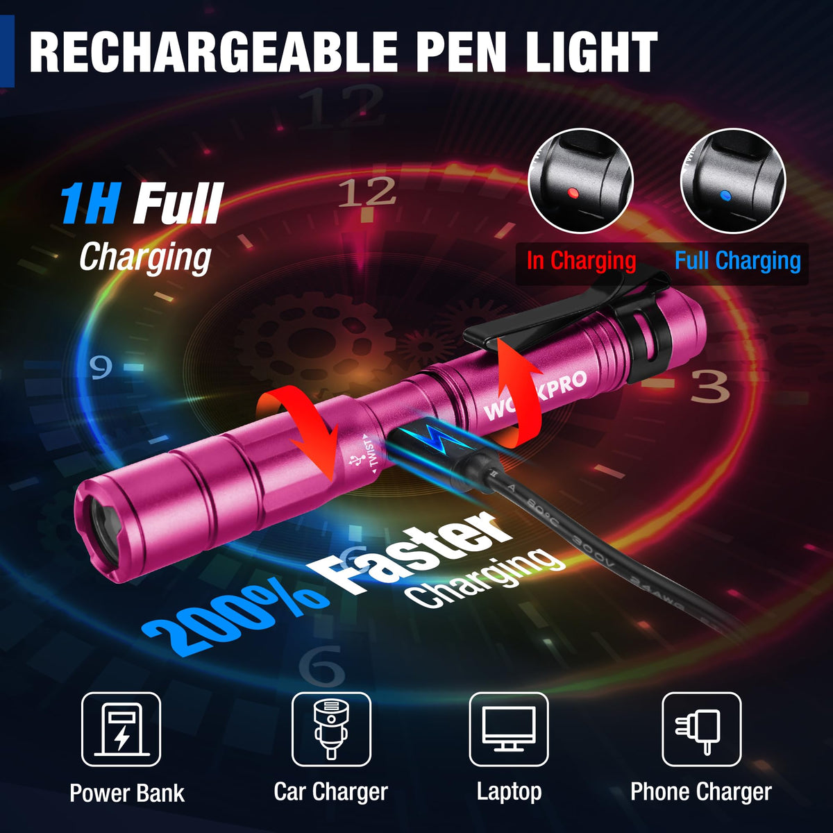 WORKPRO Rechargeable Pen Light 2 Pack Mini Flashlight Pink - WORKPRO Official Imagery - 4
