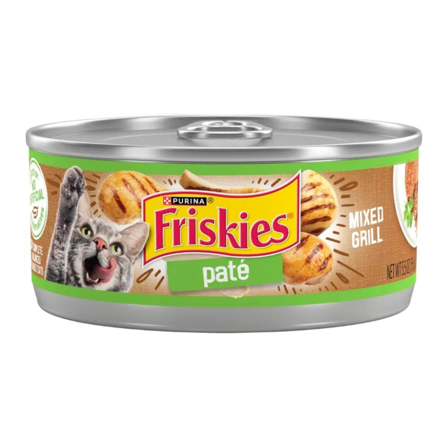 Cans of Purina Friskies Wet Cat Food Pate Mixed Grill, 5.5 oz, pack of 24, showing the cat food inside the cans