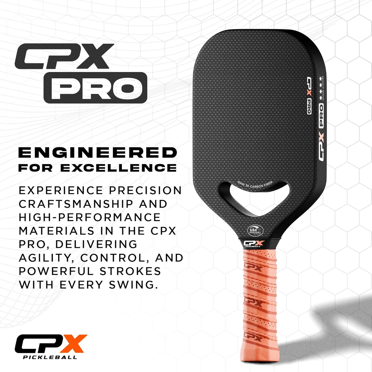 CPX Pro Carbon Fiber Pickleball Paddle with matte finish and honeycomb design, professional-grade pickleball equipment