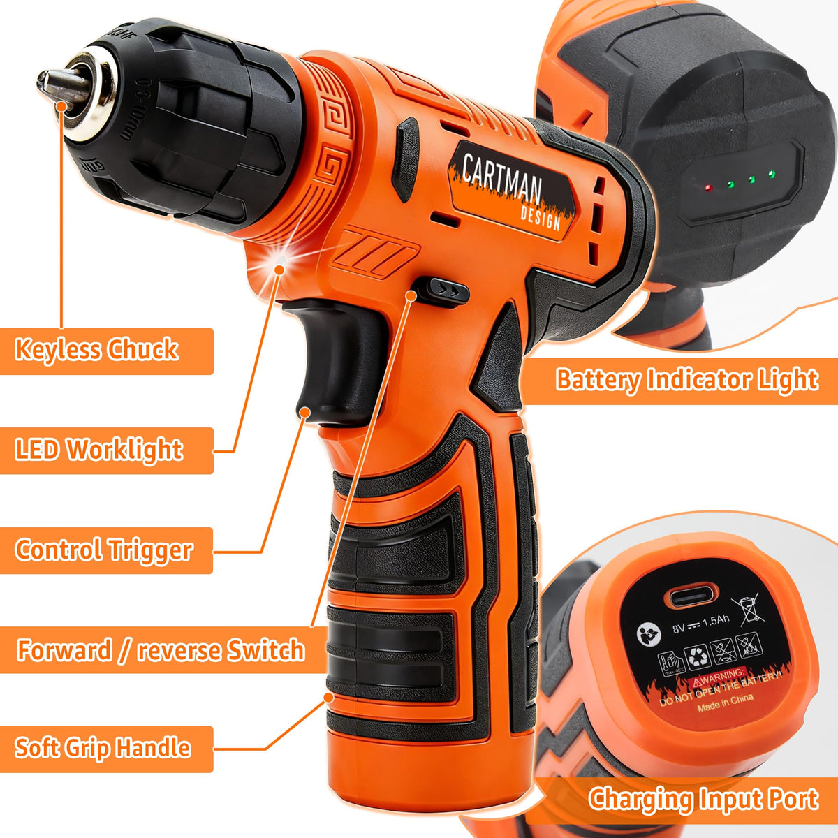 CARTMAN 150PCS 8V Cordless Drill Hand Tool Set Orange - CARTMAN Official Imagery - 5