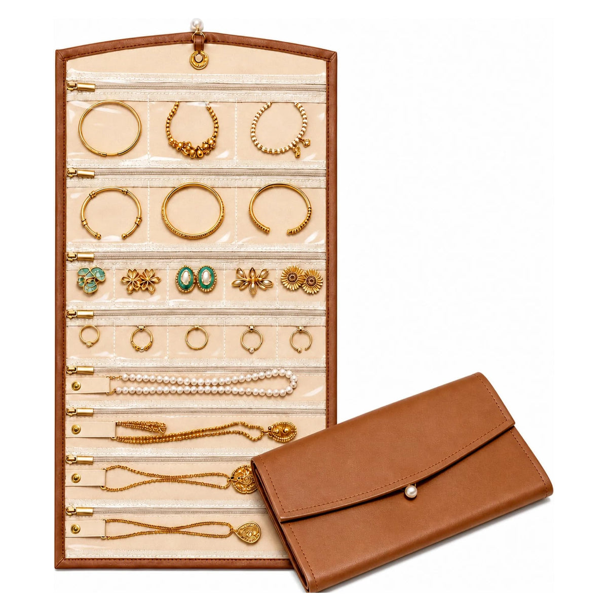 Travel Jewelry Roll Organizer for Necklaces Earrings Rings - Premium Selection Official Imagery - 1