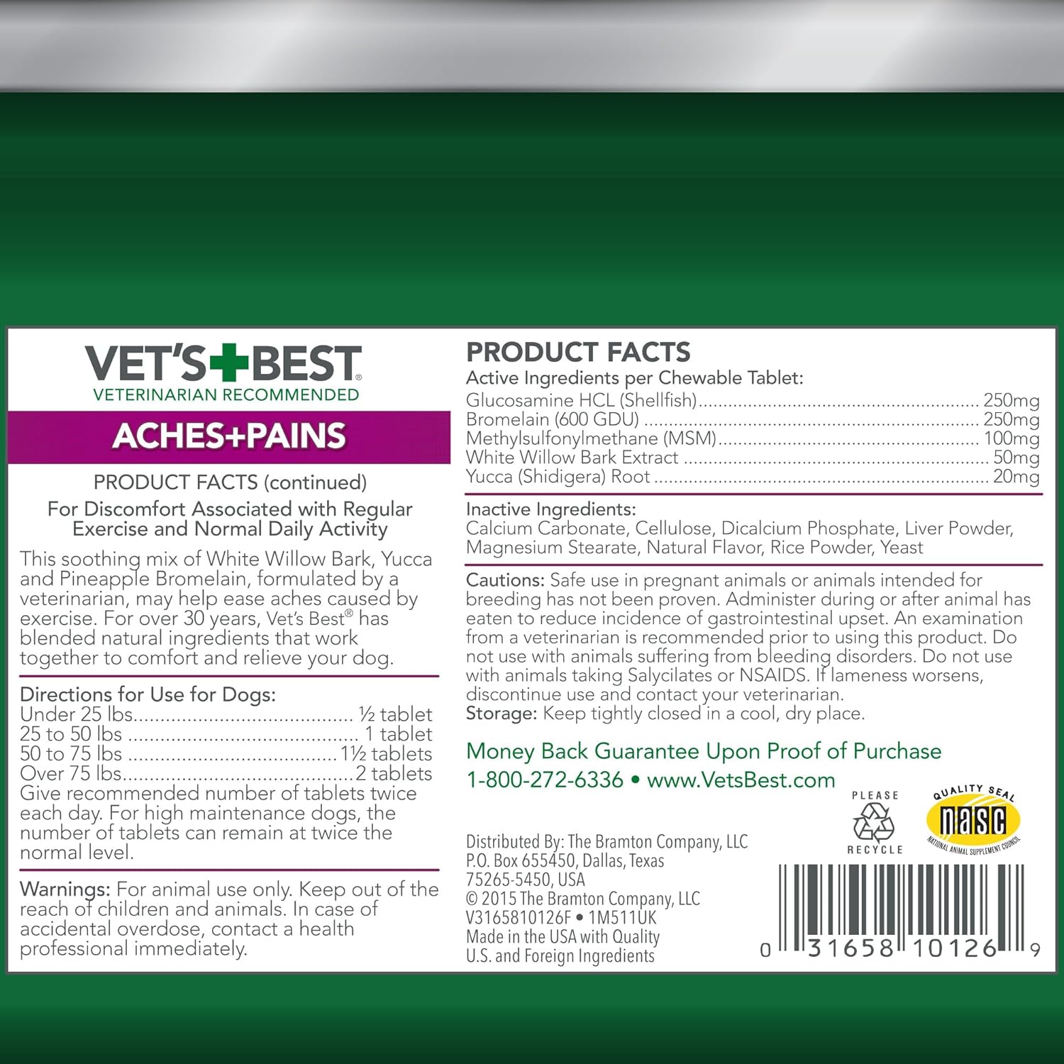 Vet’s Best natural dog pain relief supplement bottle, showing the label with ingredients and product details.