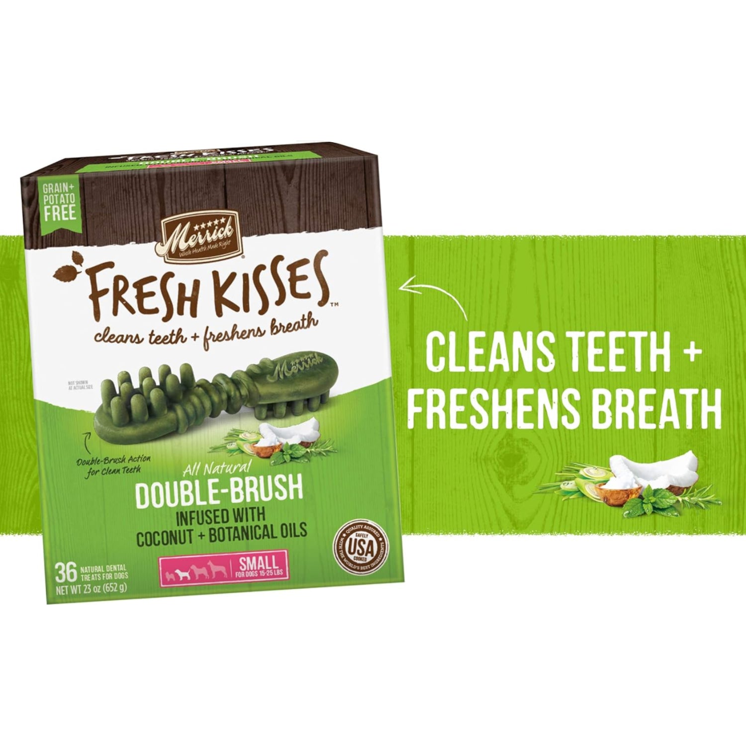 Merrick Fresh Kisses natural dental chews for small dogs, infused with coconut and botanical oils, 36-count box
