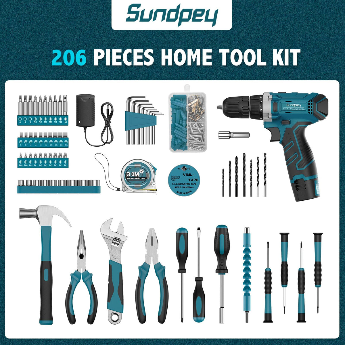 Sundpey 206PC Portable Basic Home Tool Kit Set with 12V - Sundpey Official Imagery - 4